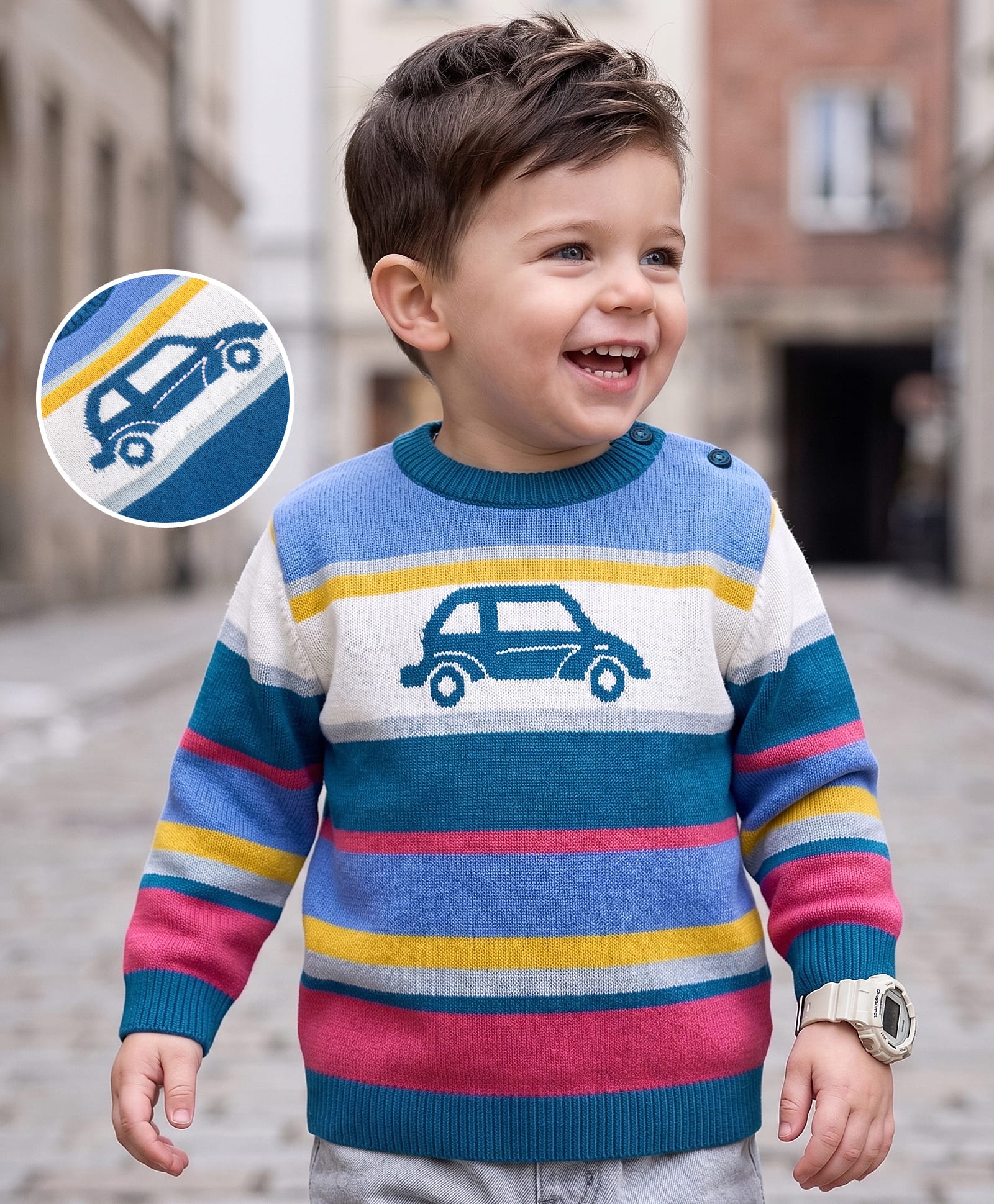Babyoye  100% Cotton Knit Full Sleeves Striped Pullover Sweater with Car Design - Multicolour-image-13