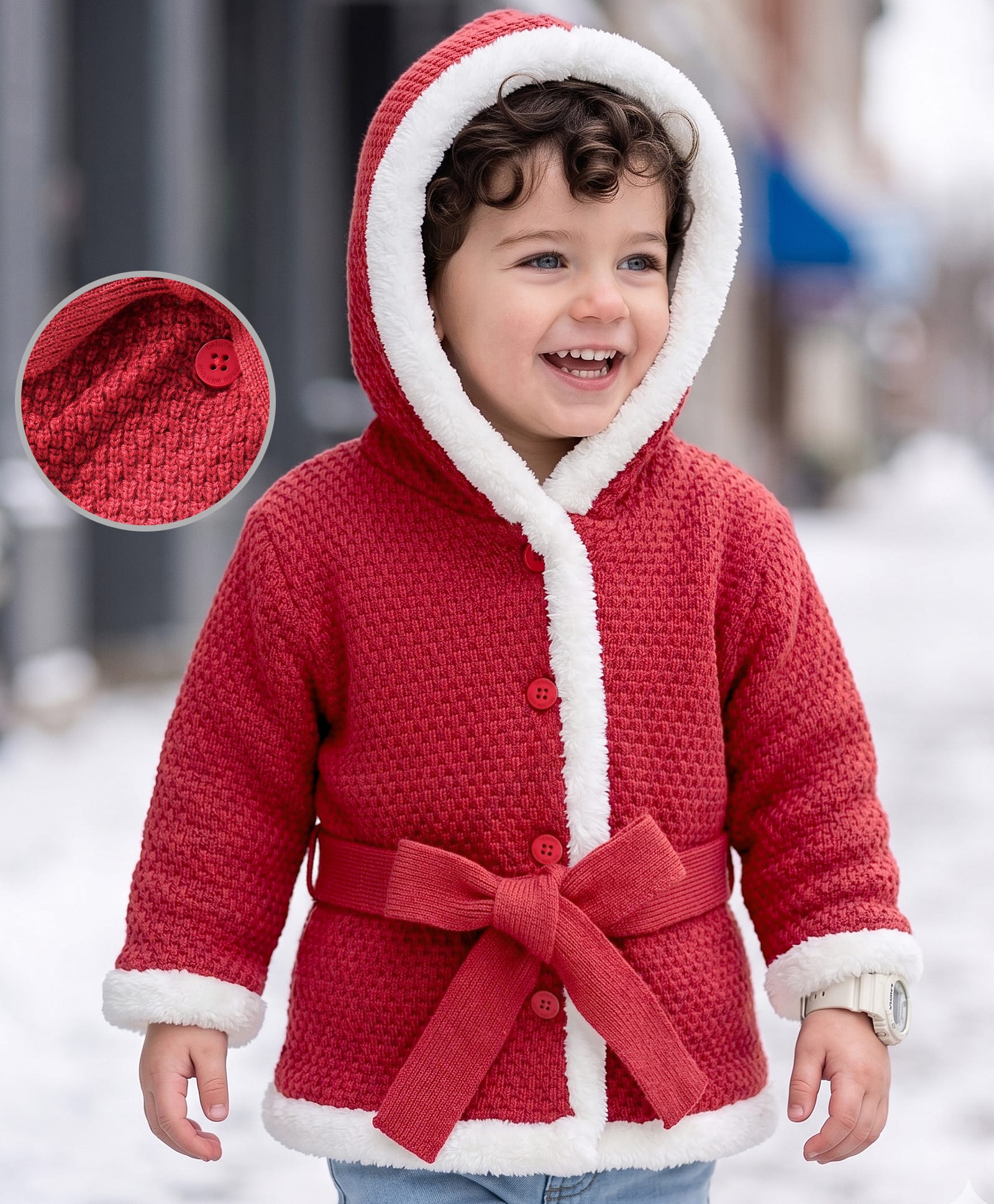 Babyoye Knited   Solid Full Sleeves Hooded Front Open Sweater Solid Colour-Red-image-33