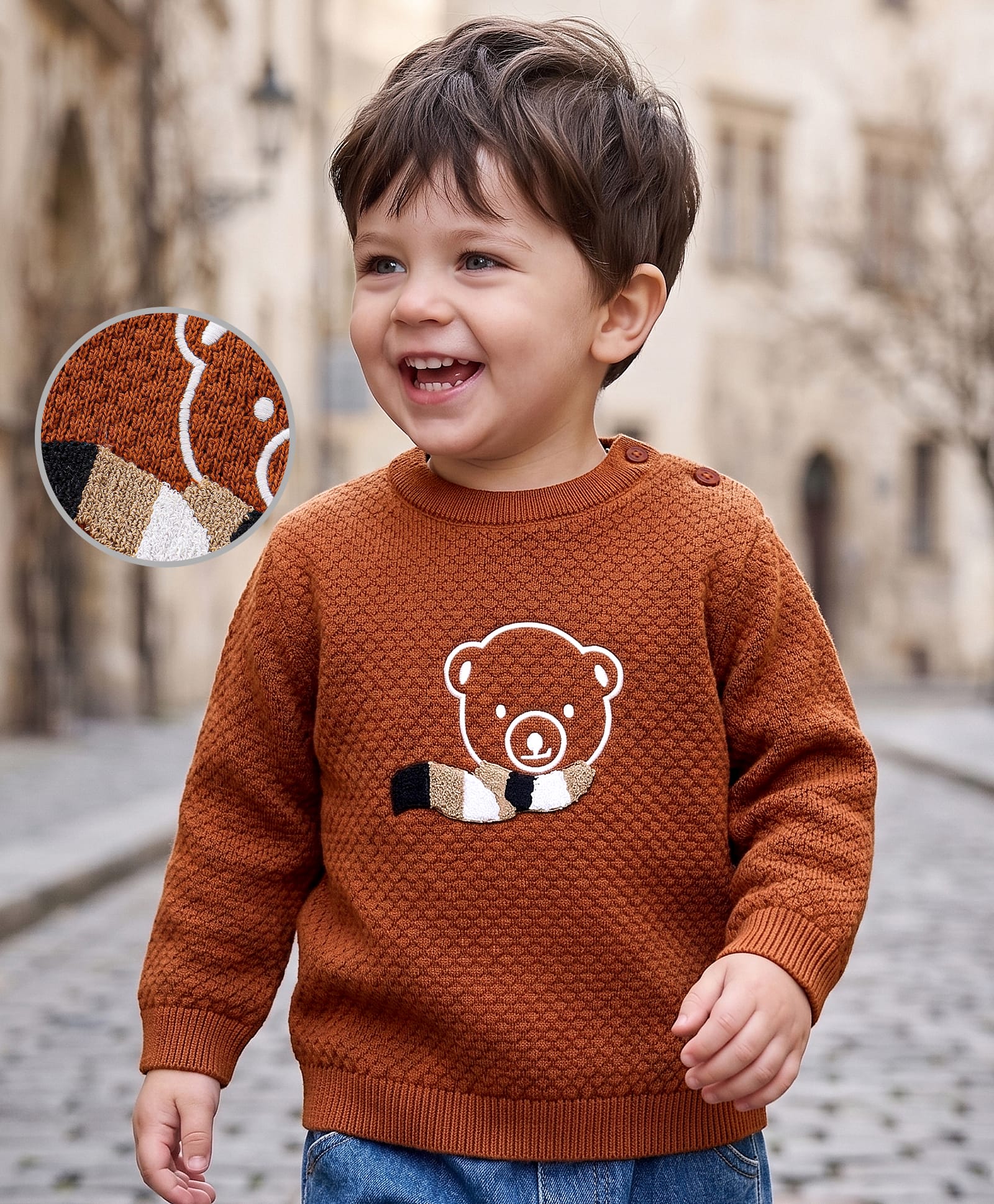 Babyoye Cotton Knitted Full Sleeves Pullover Sweater with Teddy Bear Embroidery - Brown-image-5