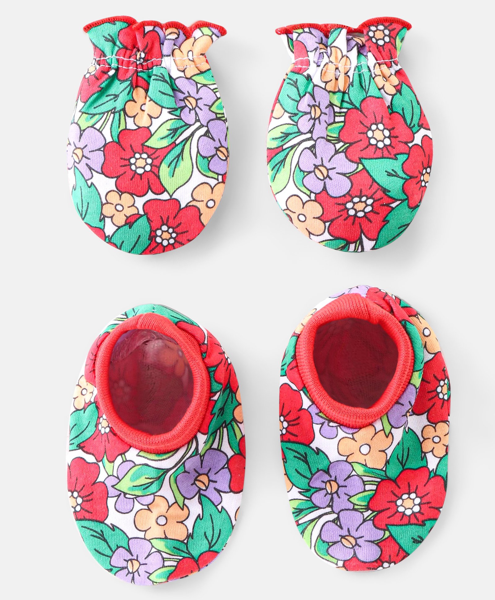 Babyhug 100% Cotton Knit Floral Print Mittens and Booties - Red-image-12