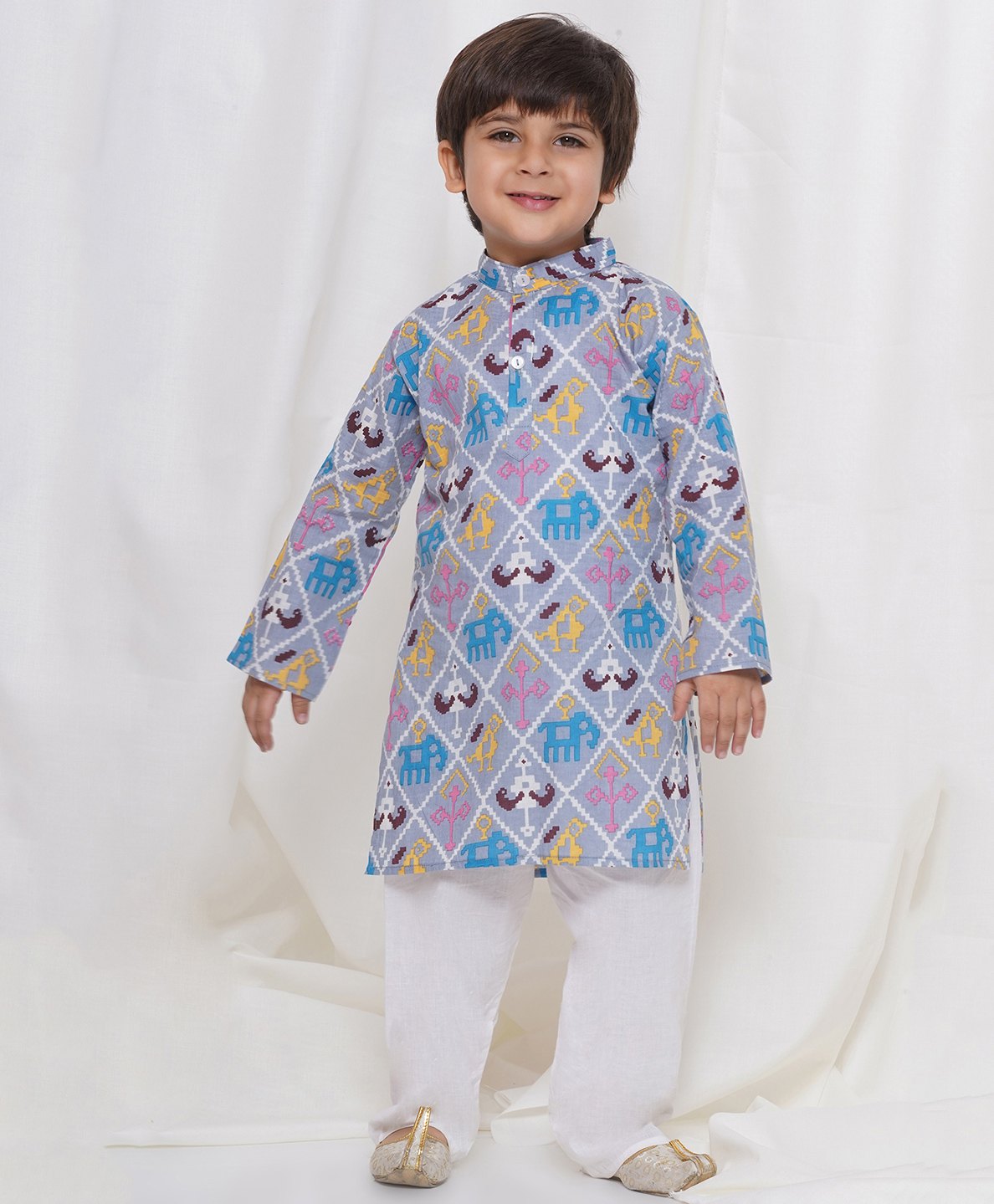 AJ Dezines Full Sleeves Patola Style Animals Printed Kurta & Pyjama Set - Grey-picture-20