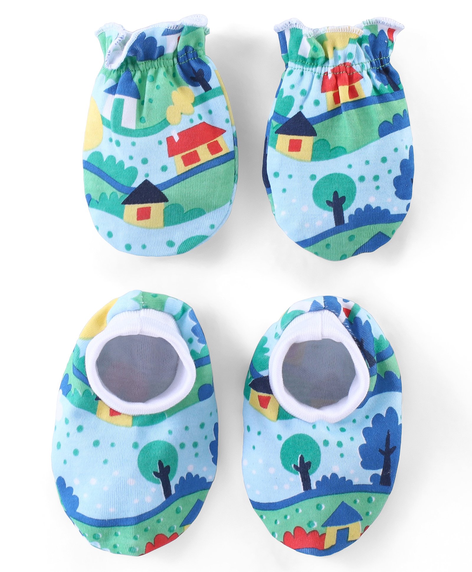 Babyhug 100% Cotton Knit Mittens & Booties Set with Tree Print - Blue-image-11