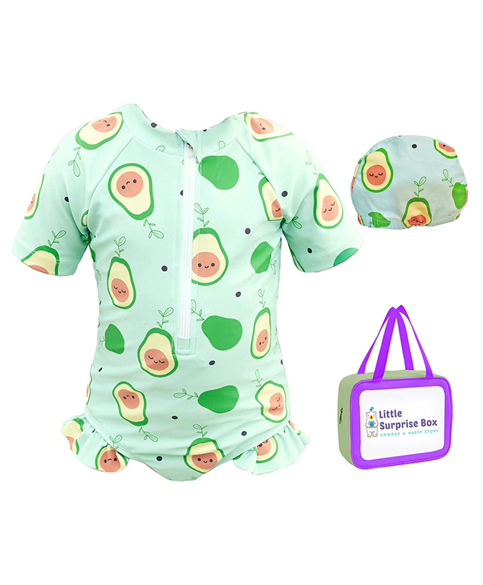Little Surprise Box Half Sleeves Avocado Printed Swimsuit & Cap With Bag - Mint Green-image-15