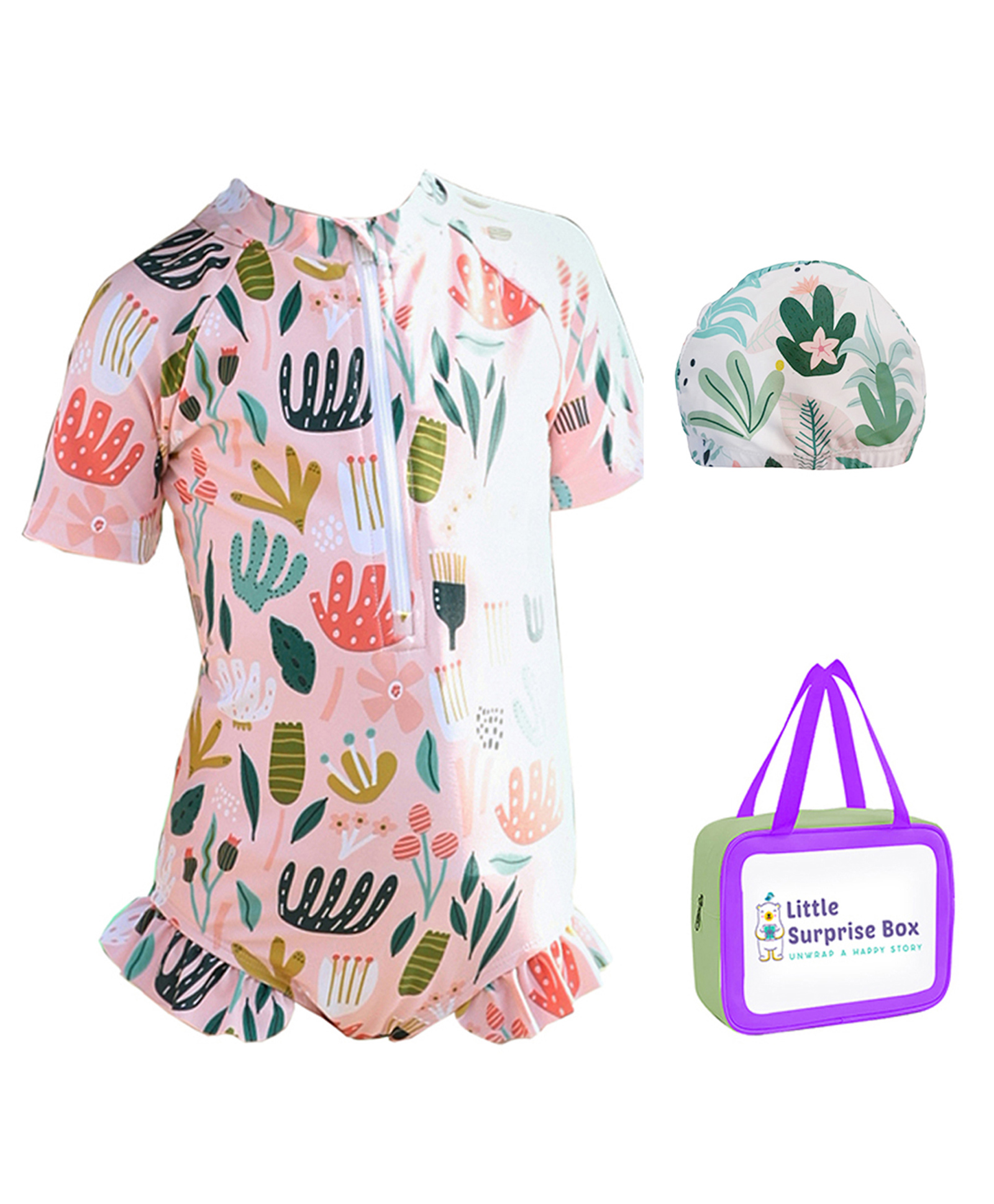 Little Surprise Box Half Sleeves Cactus Printed Swimsuit & Cap With Bag - Pink-image-46