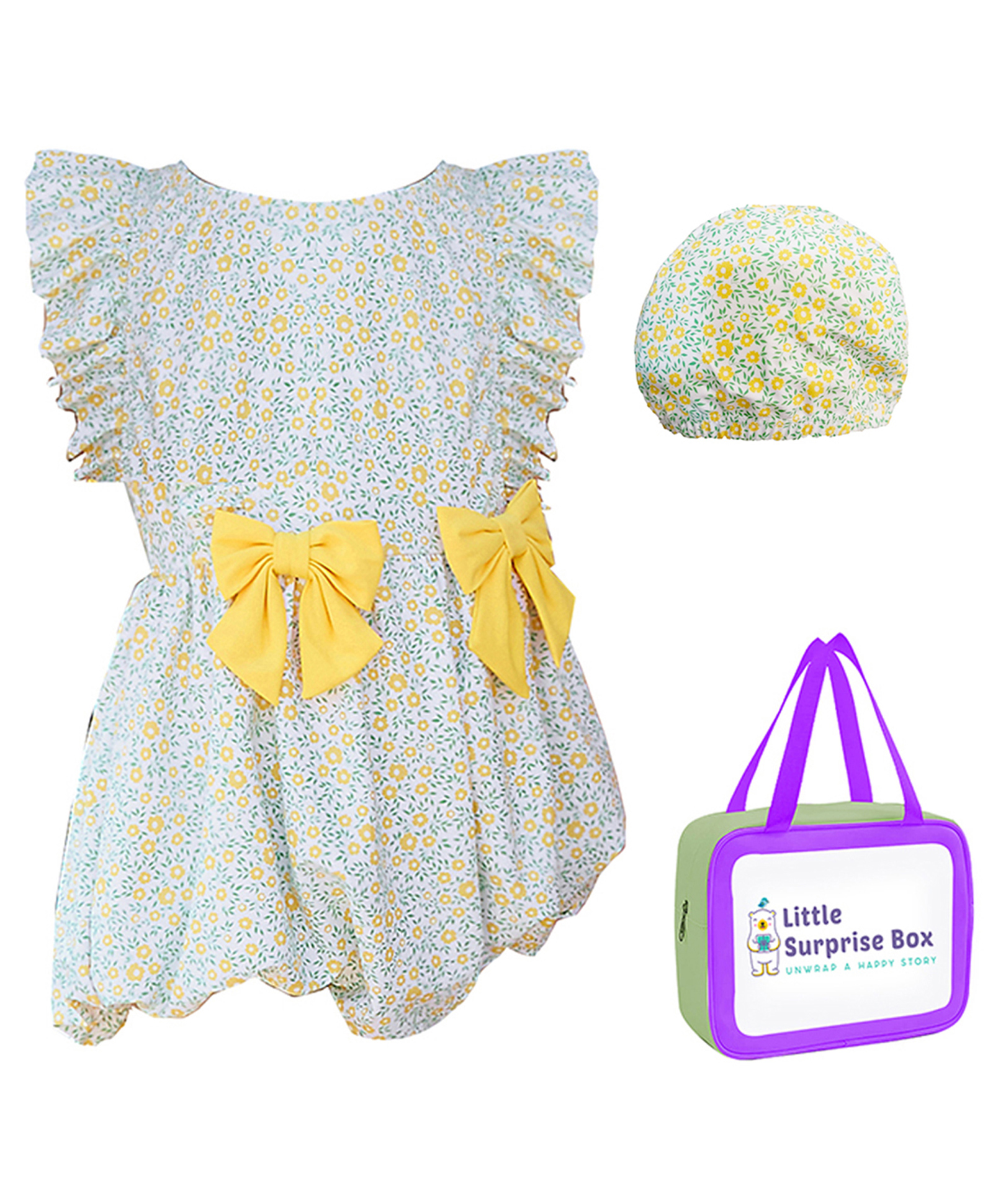 Little Surprise Box Frill Sleeves Floral Printed Swimsuit & Cap With Bag - Yellow-image-13