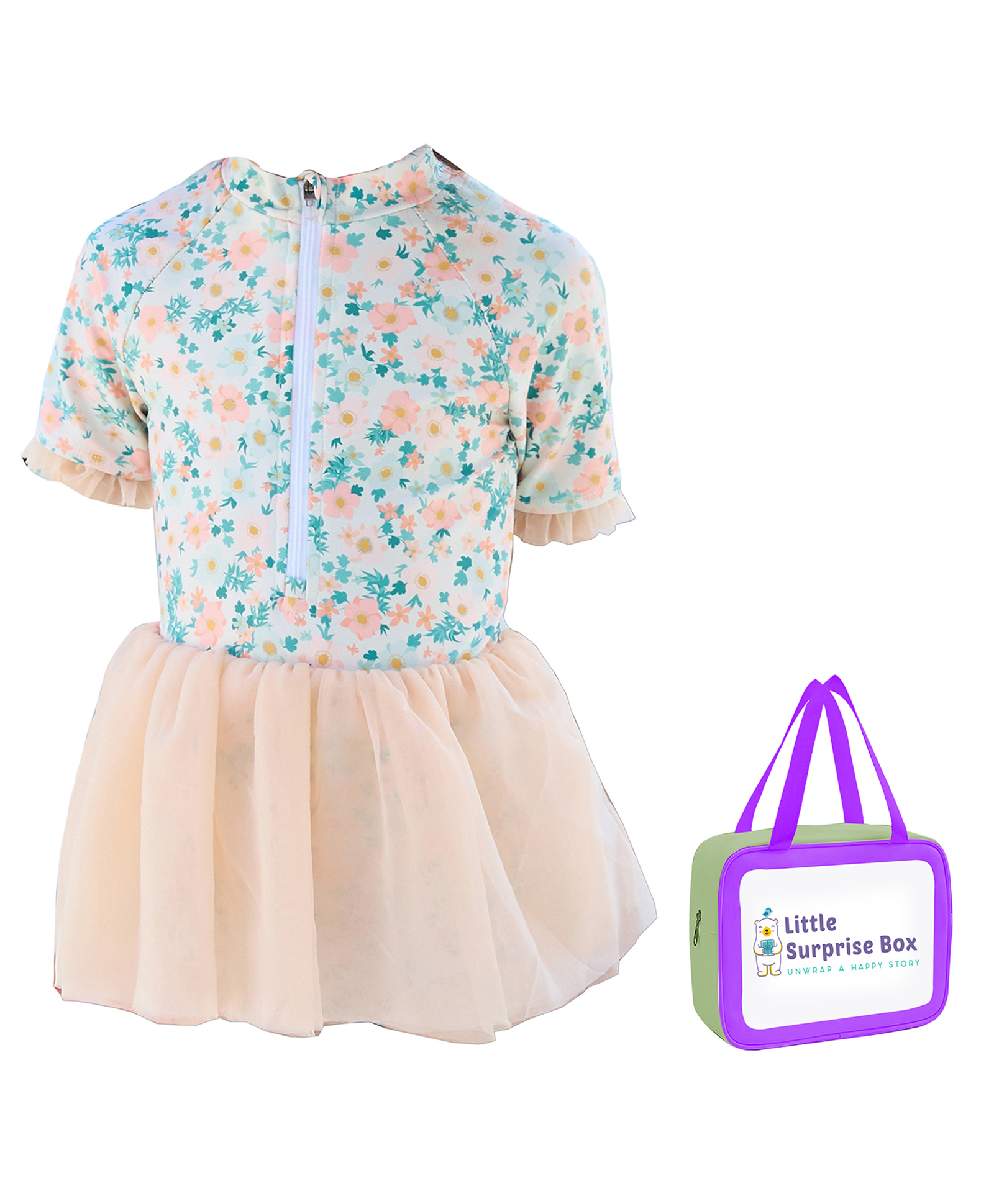 Little Surprise Box Half Sleeves Floral Printed Swimsuit With Bag - Peach &  Green-image-34