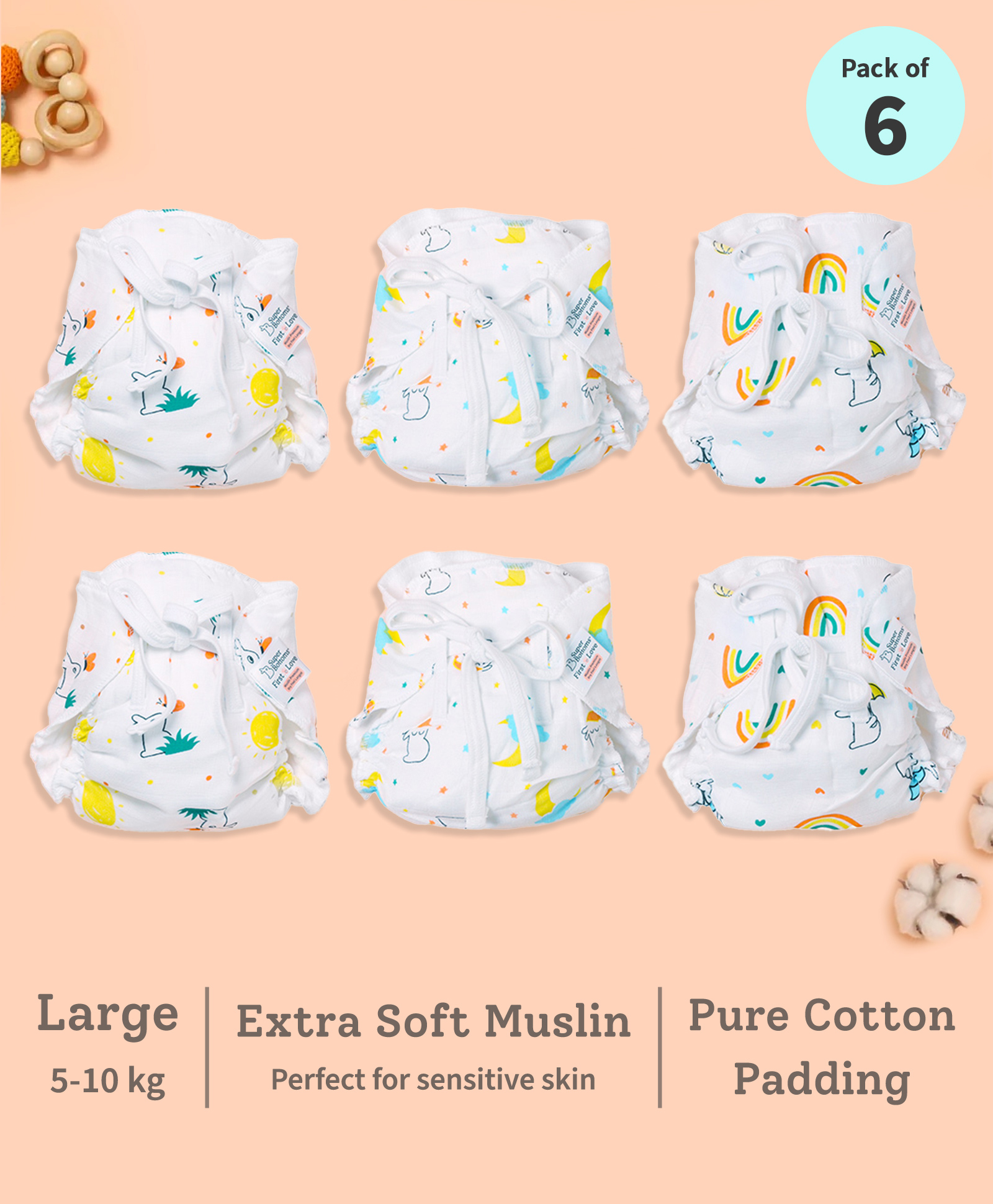 SuperBottoms First Love DryFeel Langot for Newborn Baby | 100% Cotton Padding | Muslin | Pack of 6 | 5-10kg