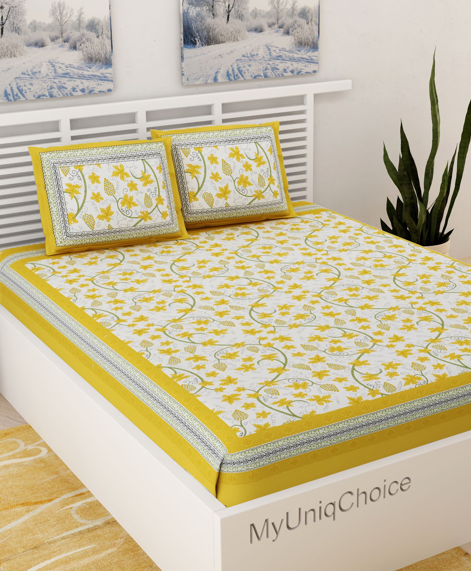UniqChoice Color 100 Percent Cotton Jaipuri Traditonal Double BedSheet With 2 Pillow Cover - Yellow-image-38