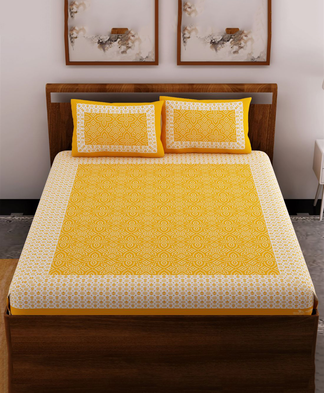 UniqChoice Color 100 Percent Cotton Jaipuri Traditonal Double BedSheet With 2 Pillow Cover - Yellow-image-42