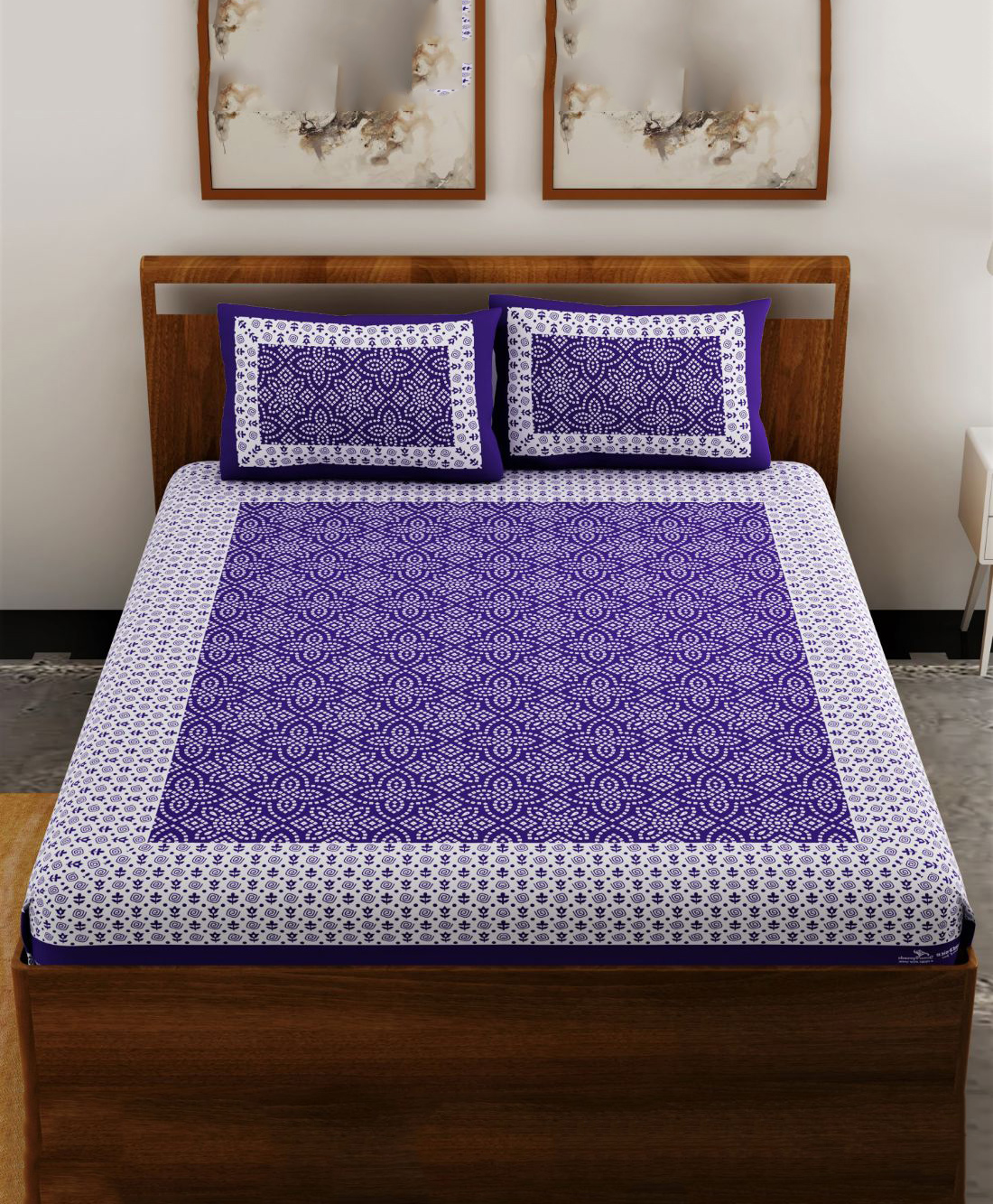 UniqChoice Color 100 Percent Cotton Jaipuri Traditonal Double BedSheet With 2 Pillow Cover - Purple-image-41