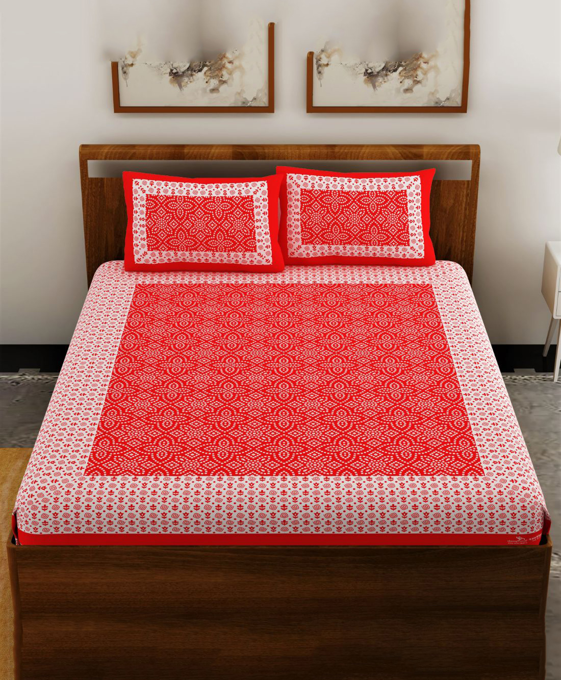 UniqChoice Color 100 Percent Cotton Jaipuri Traditonal Double BedSheet With 2 Pillow Cover - Red-image-36