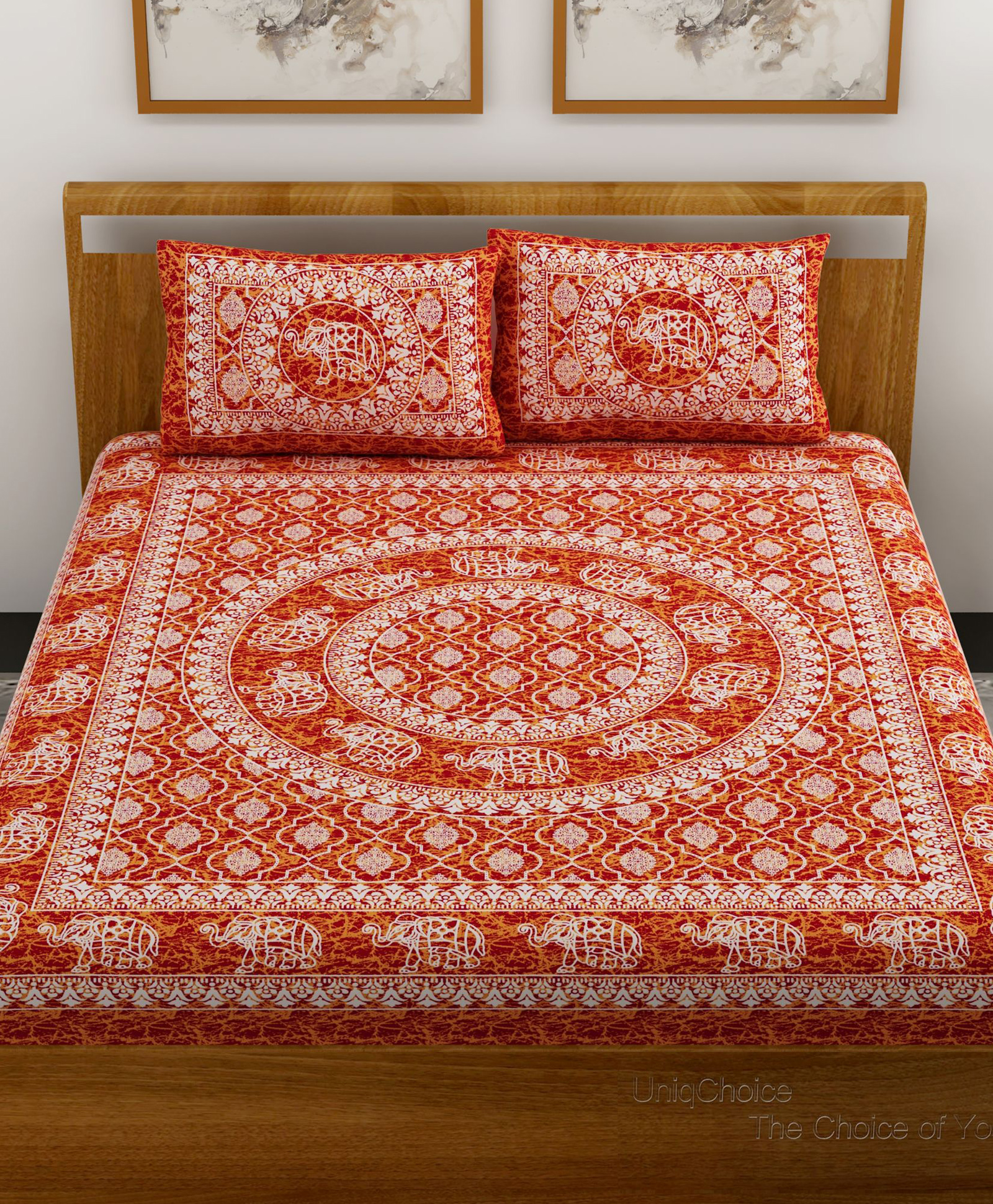 UniqChoice Color 100 Percent Cotton Jaipuri Traditonal Double BedSheet With 2 Pillow Cover - Red-image-43