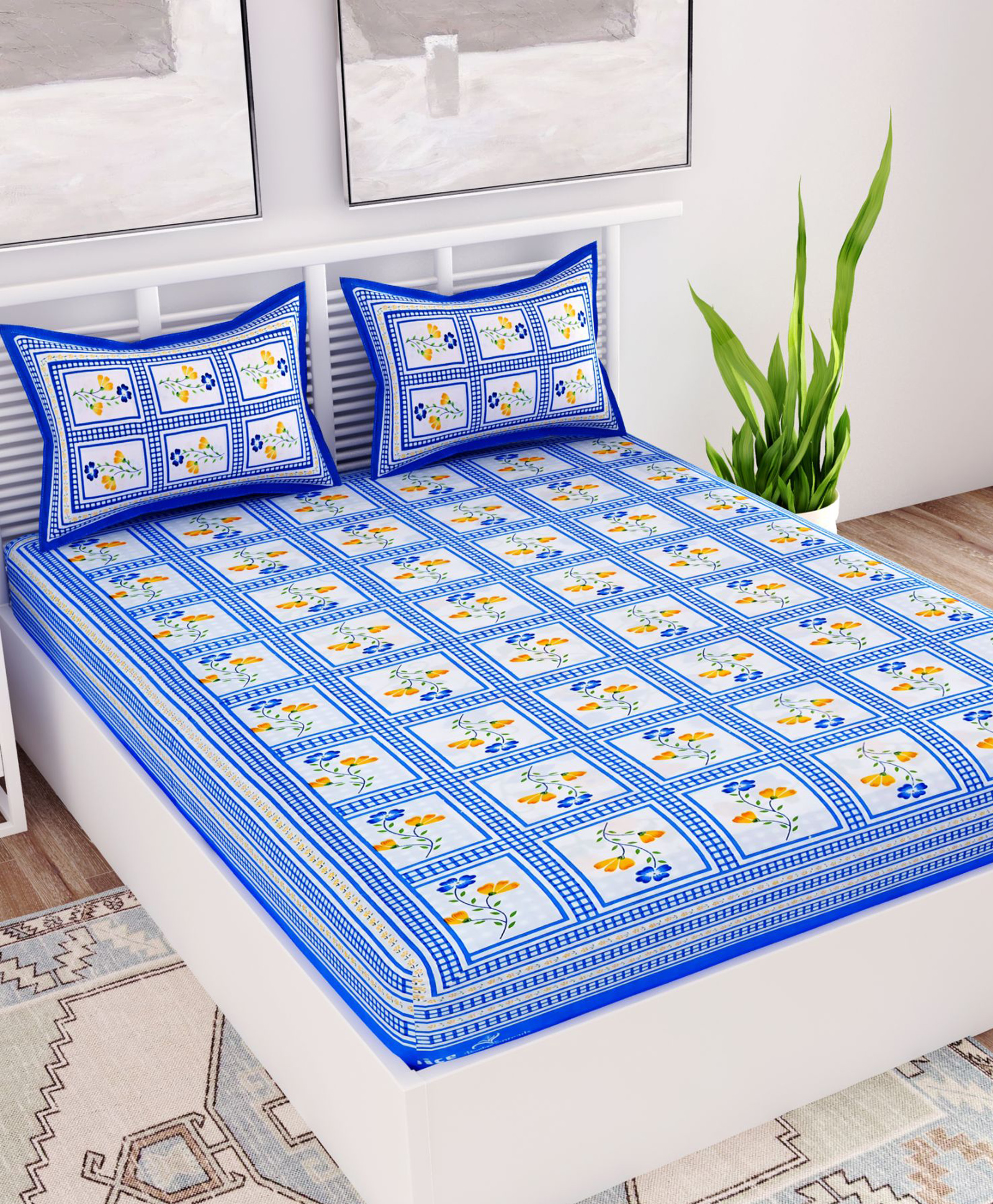 UniqChoice Color 100 Percent Cotton Jaipuri Traditonal Double BedSheet With 2 Pillow Cover - Blue-image-37