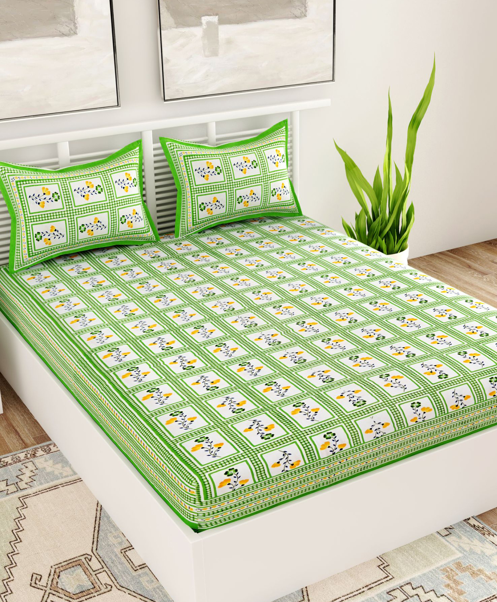 UniqChoice Color 100 Percent Cotton Jaipuri Traditonal Double BedSheet With 2 Pillow Cover - Green-image-40