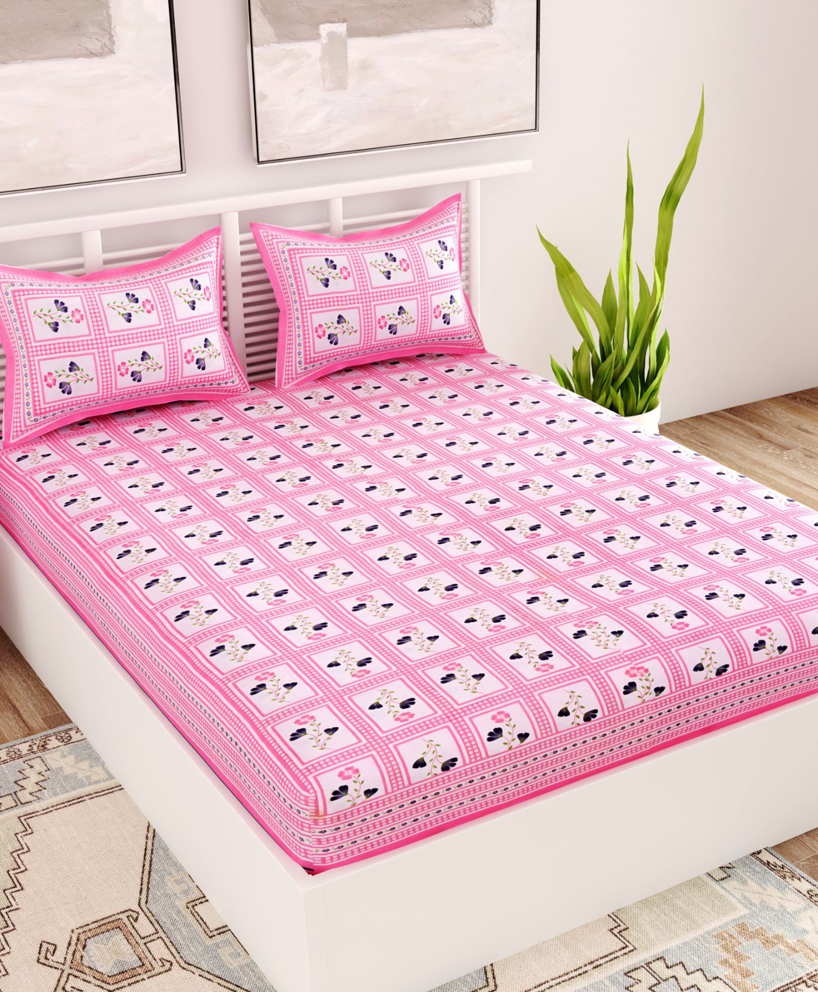 UniqChoice Color 100 Percent Cotton Jaipuri Traditonal Double BedSheet With 2 Pillow Cover - Pink-image-38