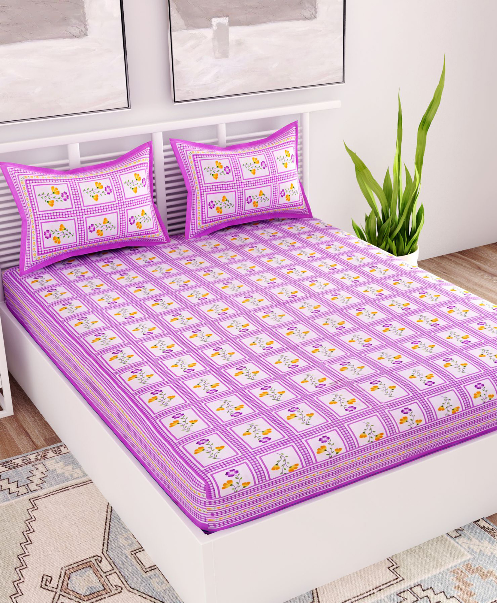 UniqChoice Color 100 Percent Cotton Jaipuri Traditonal Double BedSheet With 2 Pillow Cover - Purple-image-47