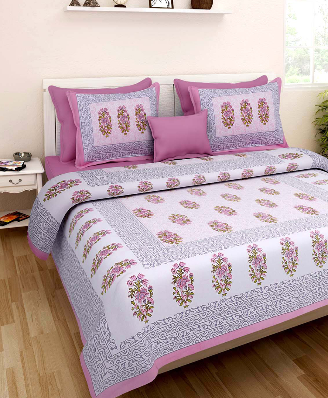 uniqchoice pure cotton jaipuri traditonal double bedsheet with 2 pillow cover