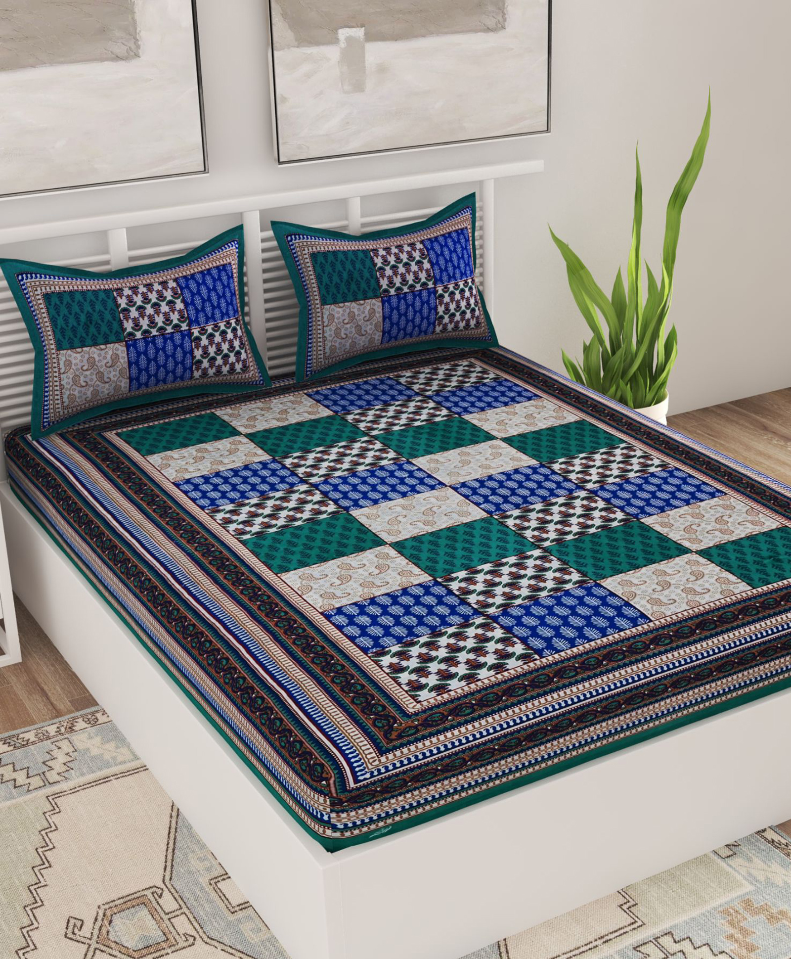 UniqChoice 100 Percent Cotton Jaipuri Traditonal Double BedSheet With 2 Pillow Cover - Turquoise-image-28