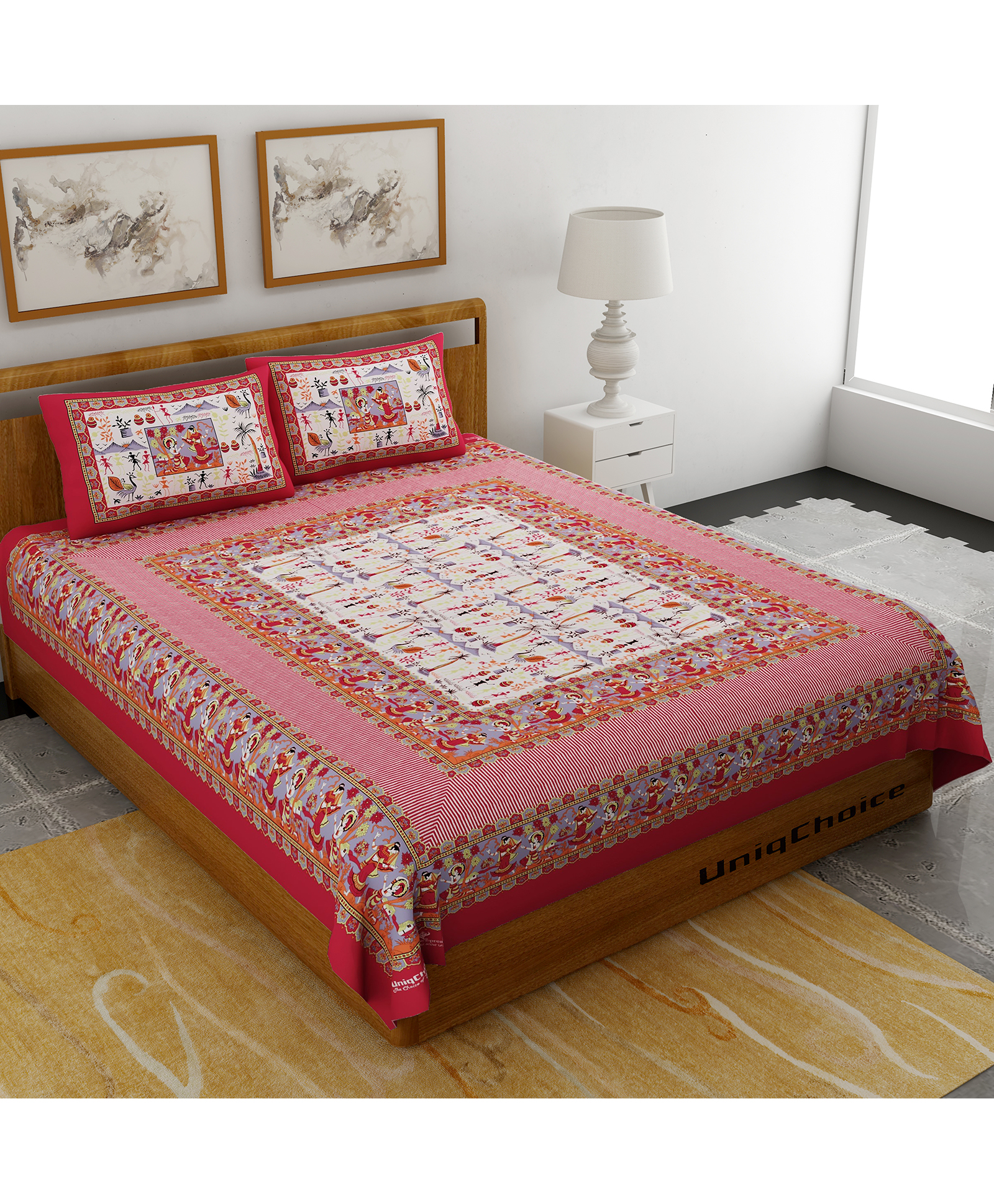 UniqChoice Pure Cotton Jaipuri Traditonal Double BedSheet With 2 Pillow Cover