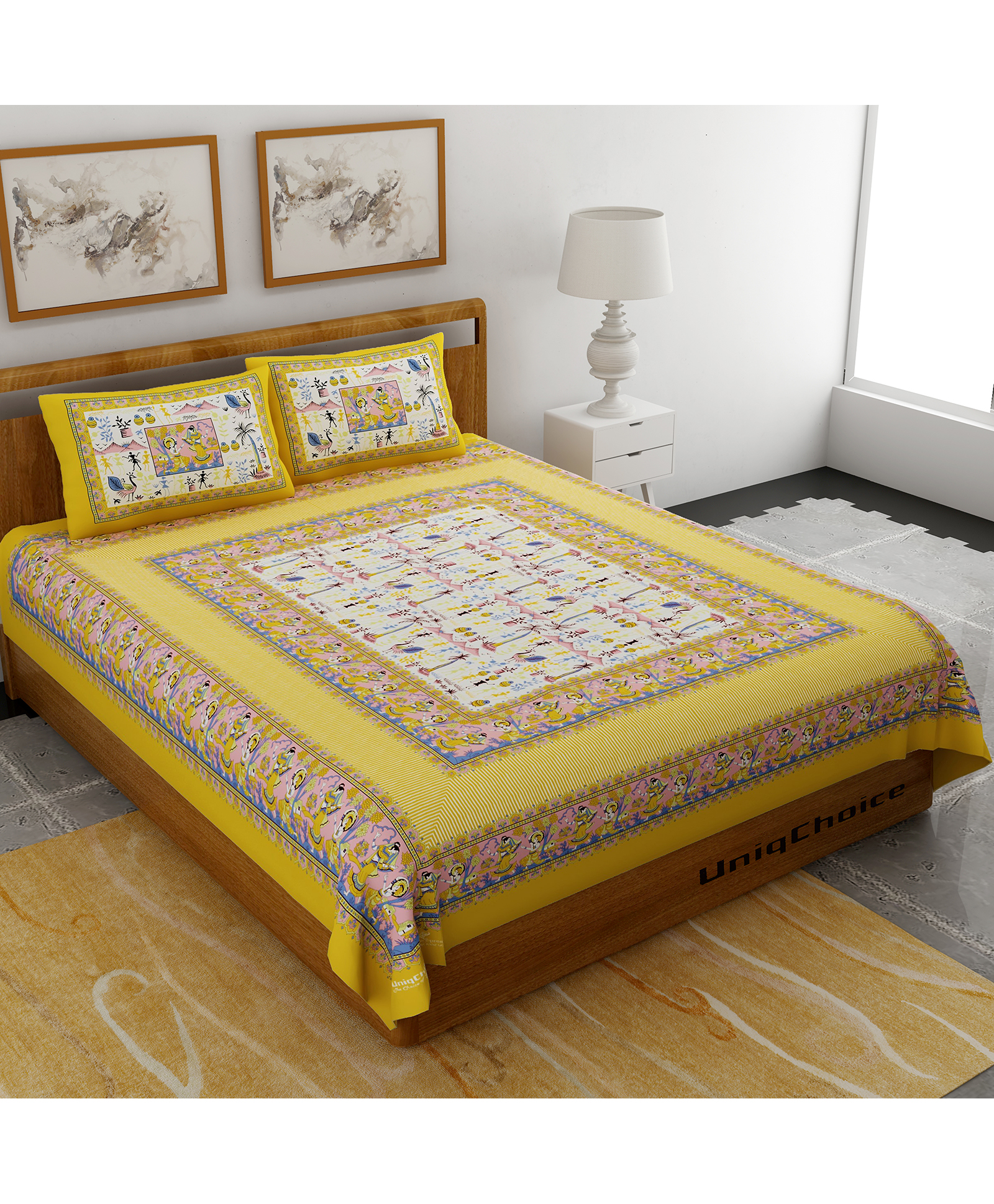UniqChoice Pure Cotton Jaipuri Traditonal Double BedSheet With 2 Pillow Cover-picture-25