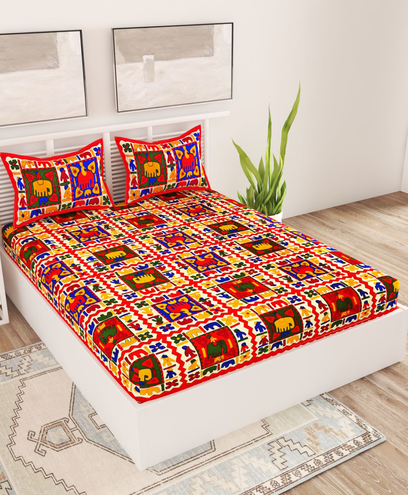 UniqChoice 100 Percent Cotton Jaipuri Traditonal Double BedSheet With 2 Pillow Cover - Red-image-24