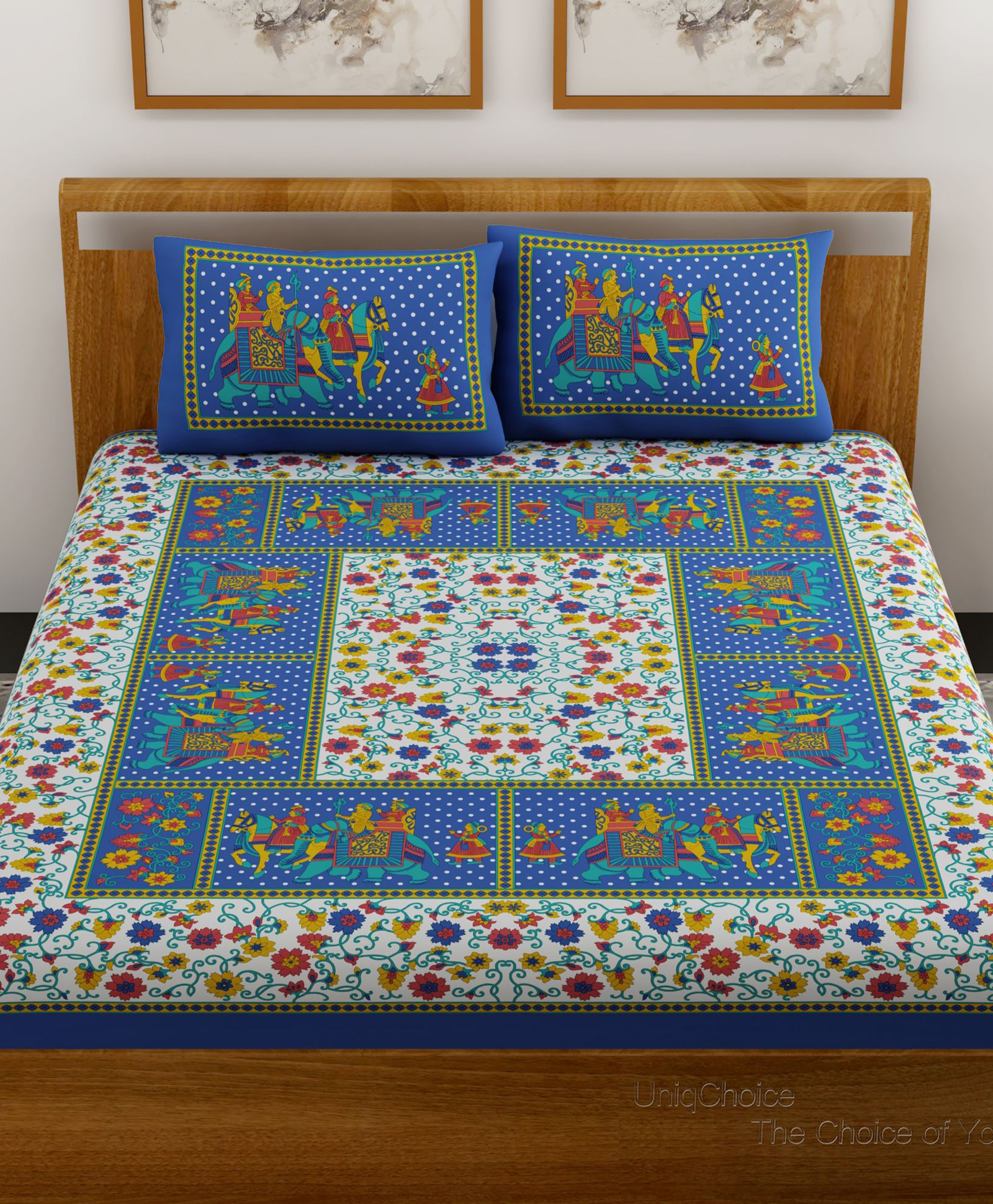 UniqChoice 100 Percent Cotton Jaipuri Traditonal Double BedSheet With 2 Pillow Cover - Blue-image-32