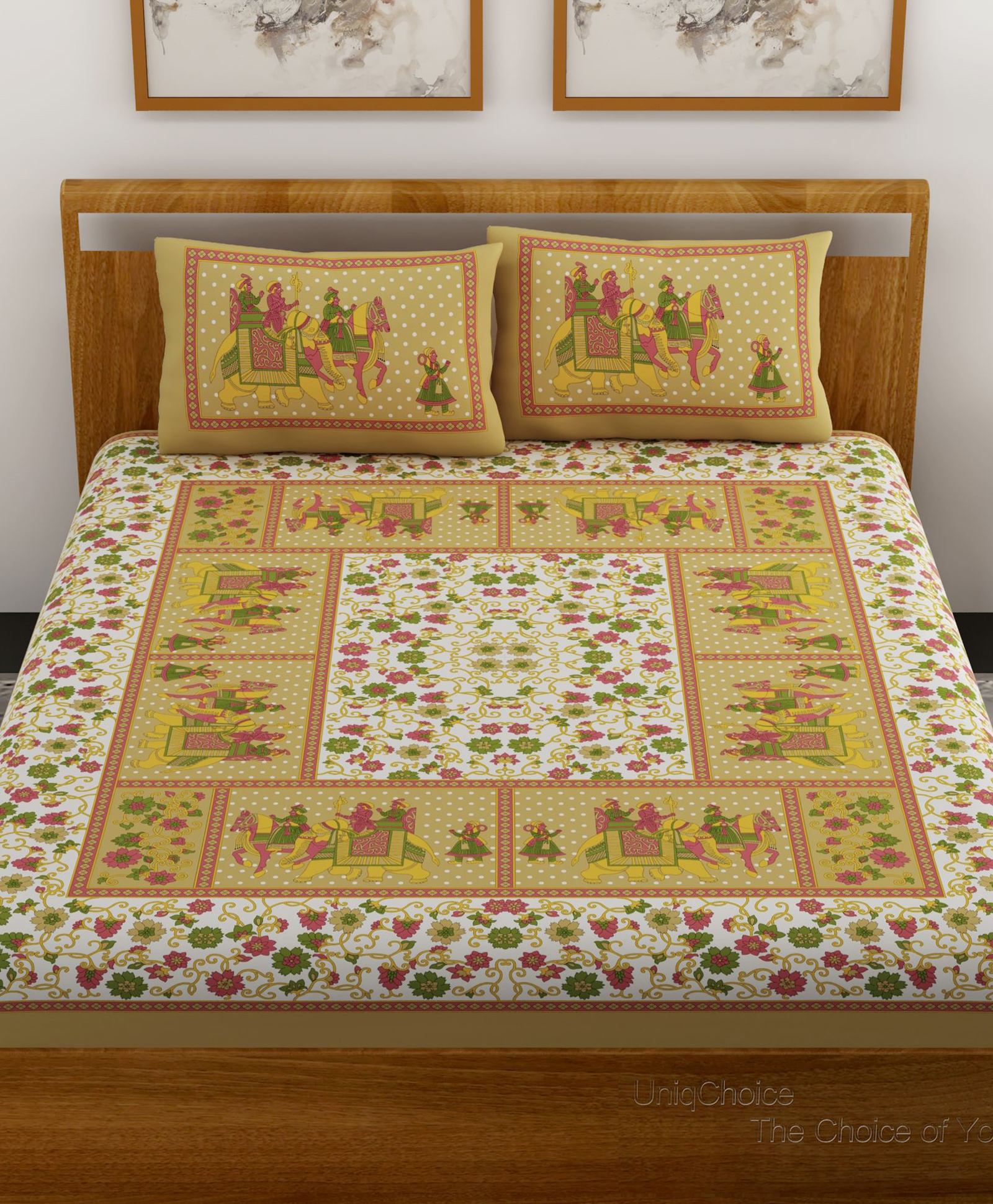 UniqChoice 100 Percent Cotton Jaipuri Traditonal Double BedSheet With 2 Pillow Cover - Brown-image-34