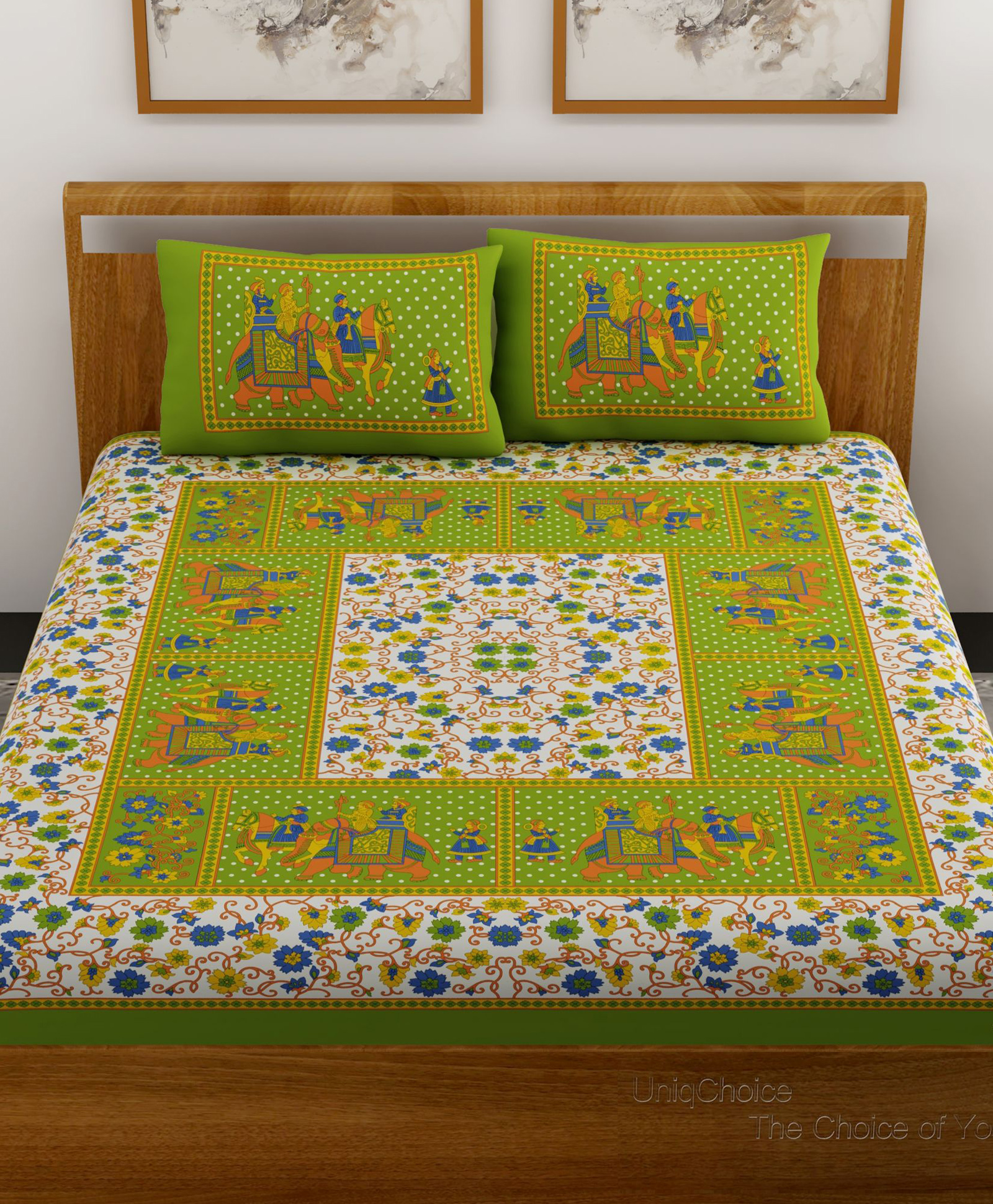 UniqChoice 100 Percent Cotton Jaipuri Traditonal Double BedSheet With 2 Pillow Cover - Green-image-33