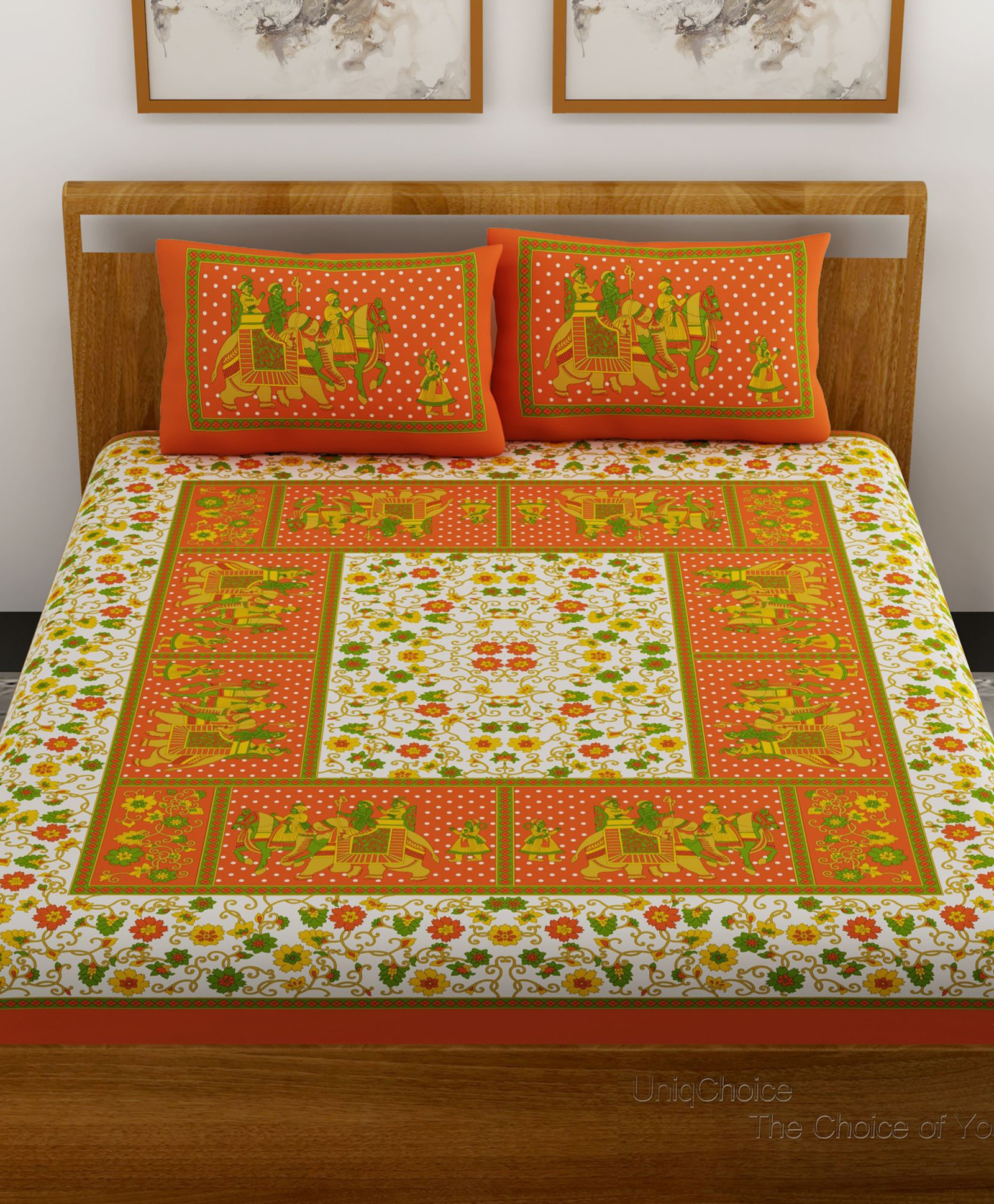 UniqChoice 100 Percent Cotton Jaipuri Traditonal Double BedSheet With 2 Pillow Cover - Orange-image-31
