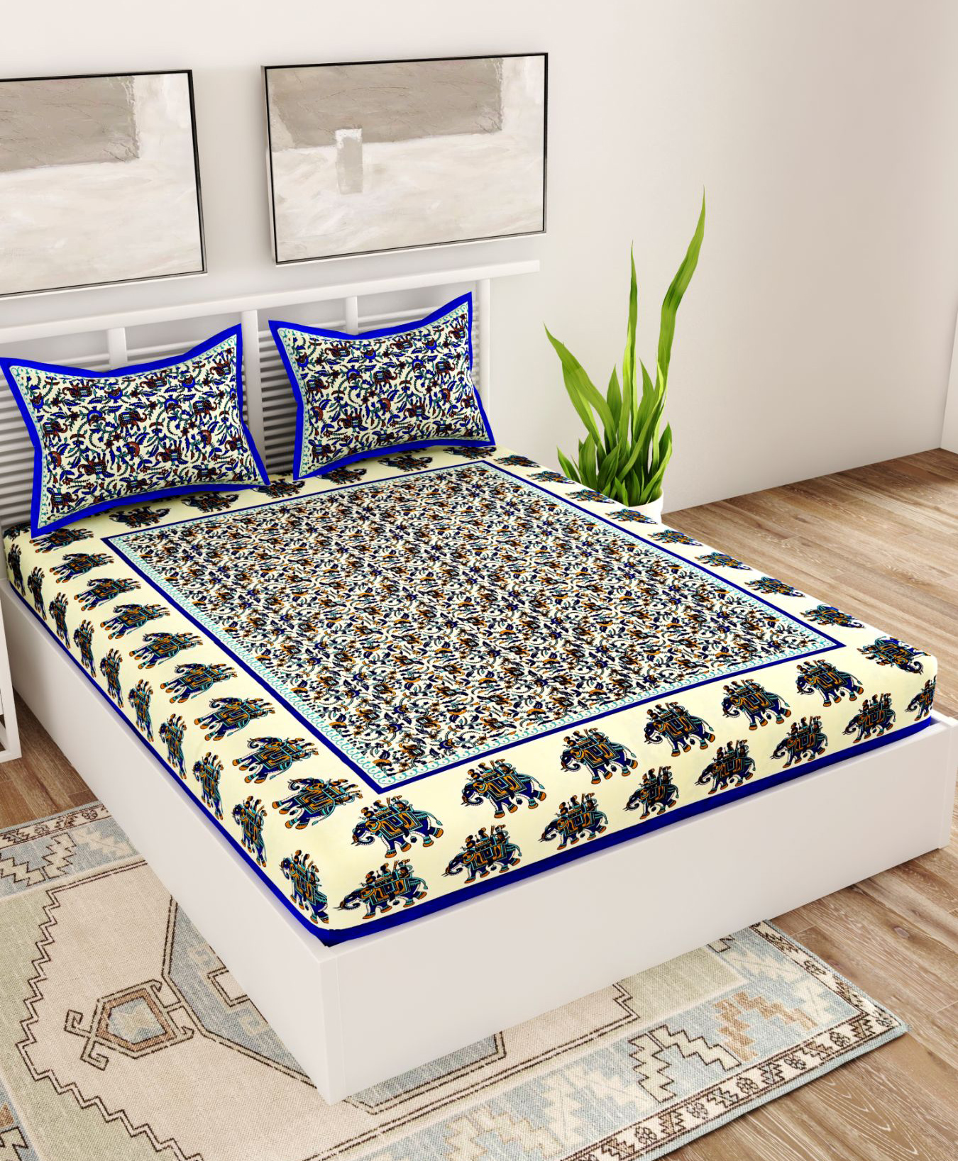 UniqChoice 100 Percent Cotton Jaipuri Traditonal Double BedSheet With 2 Pillow Cover - Blue-image-5