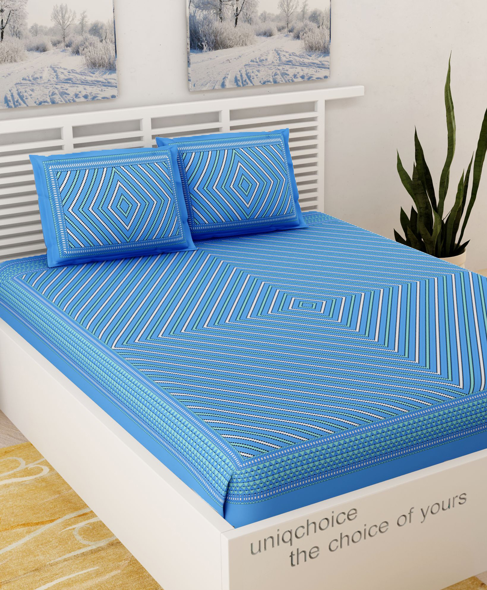 UniqChoice 100 Percent Cotton Jaipuri Traditonal Double BedSheet With 2 Pillow Cover - Blue-image-29