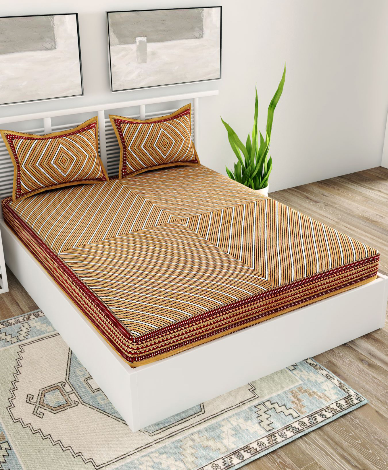 UniqChoice 100 Percent Cotton Jaipuri Traditonal Double BedSheet With 2 Pillow Cover - Brown-image-35