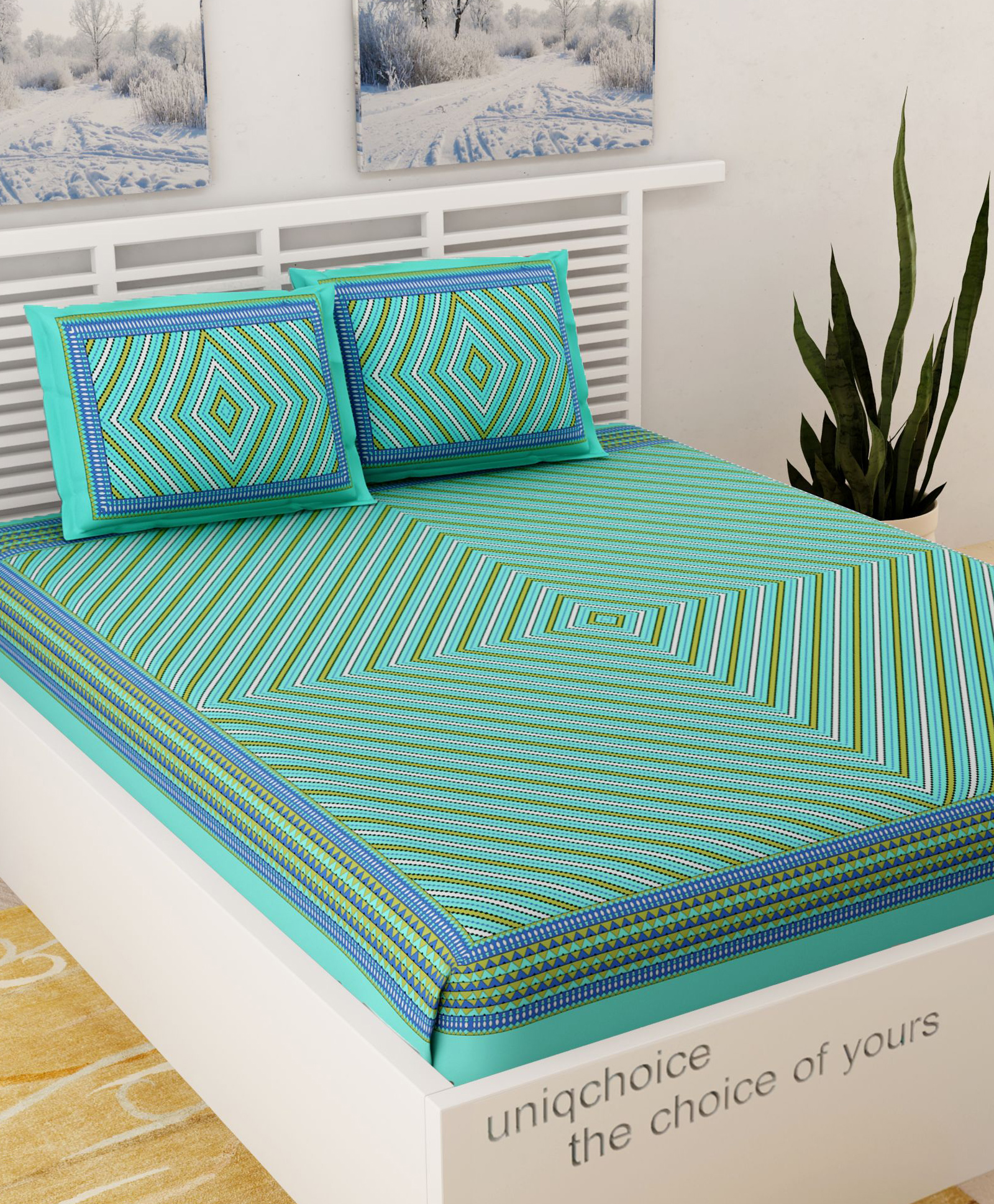 UniqChoice 100 Percent Cotton Jaipuri Traditonal Double BedSheet With 2 Pillow Cover - Turquoise-image-27