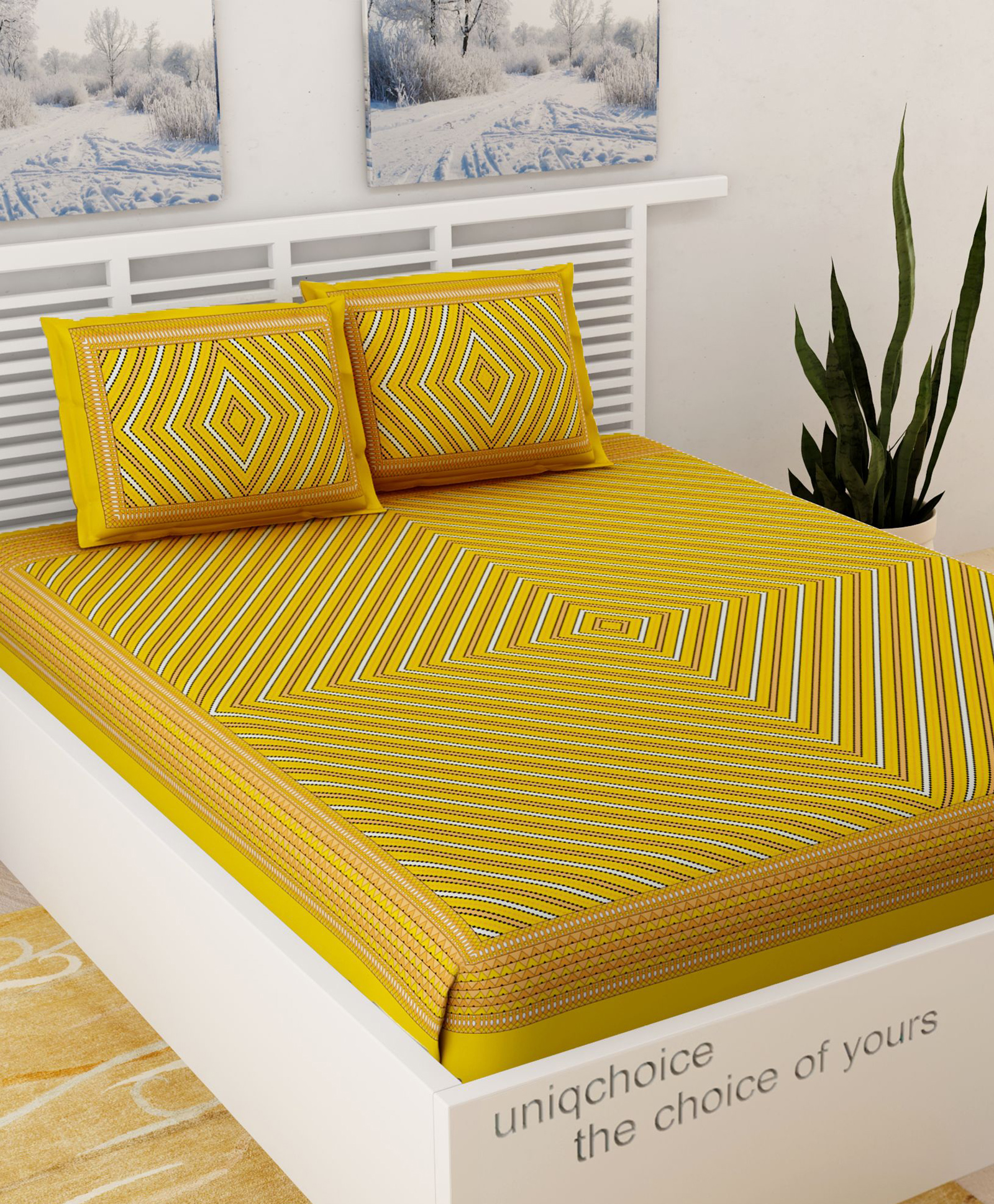 UniqChoice 100 Percent Cotton Jaipuri Traditonal Double BedSheet With 2 Pillow Cover - Yellow-image-30