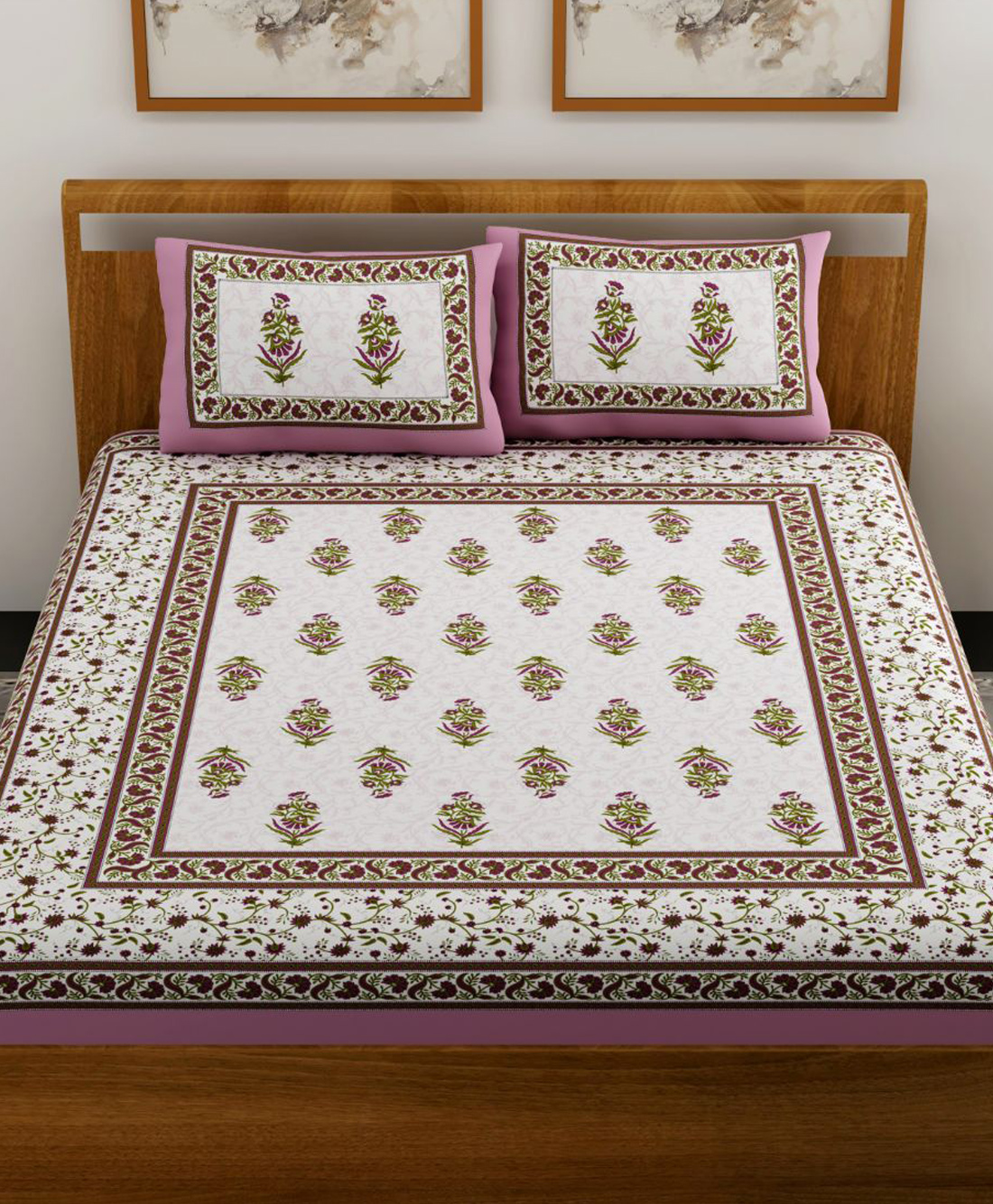 UniqChoice 100 Percent Cotton Jaipuri Traditonal Double BedSheet With 2 Pillow Cover - Pink-image-26