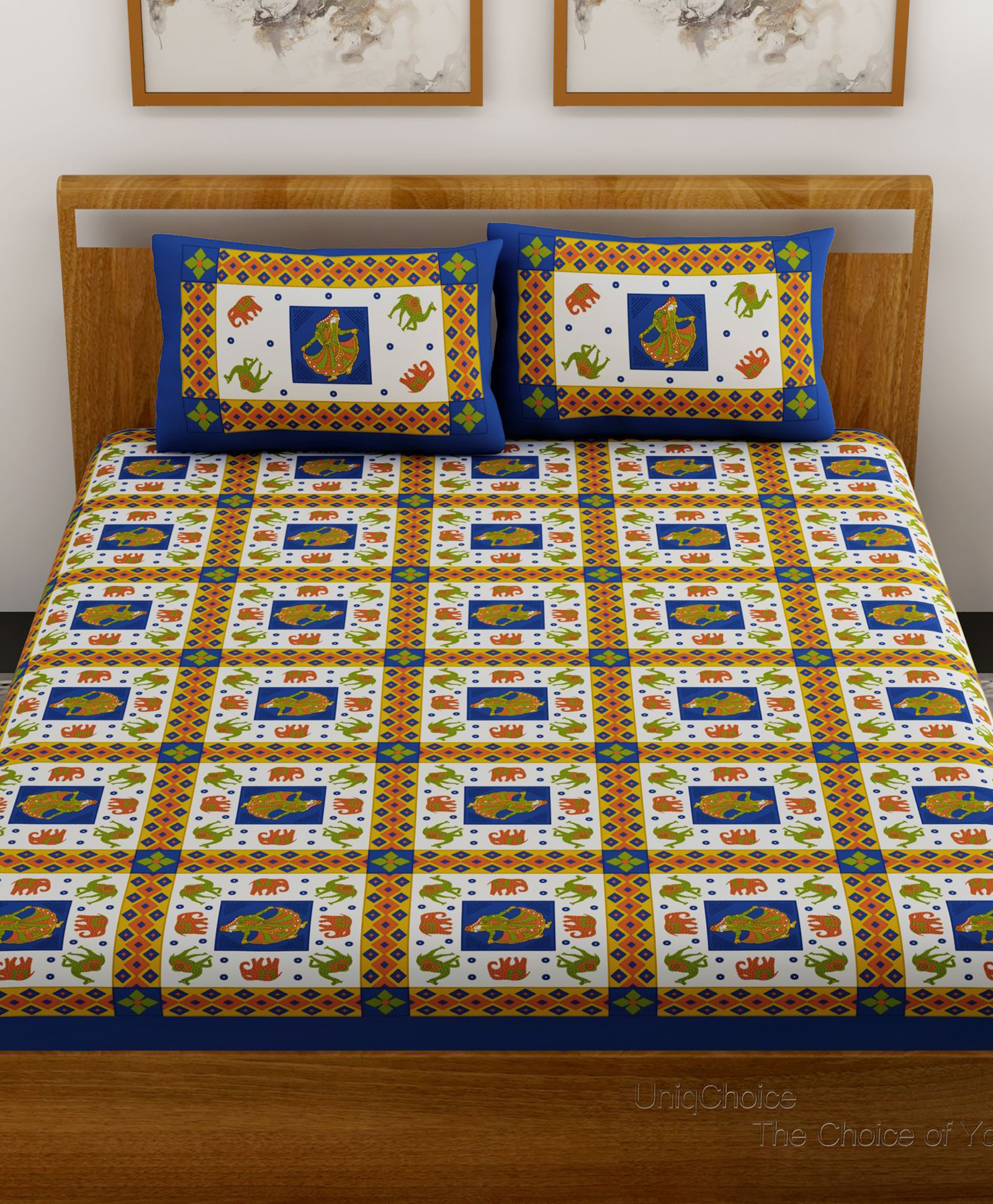 UniqChoice 100 Percent Cotton Jaipuri Traditonal Double BedSheet With 2 Pillow Cover - Blue-image-26