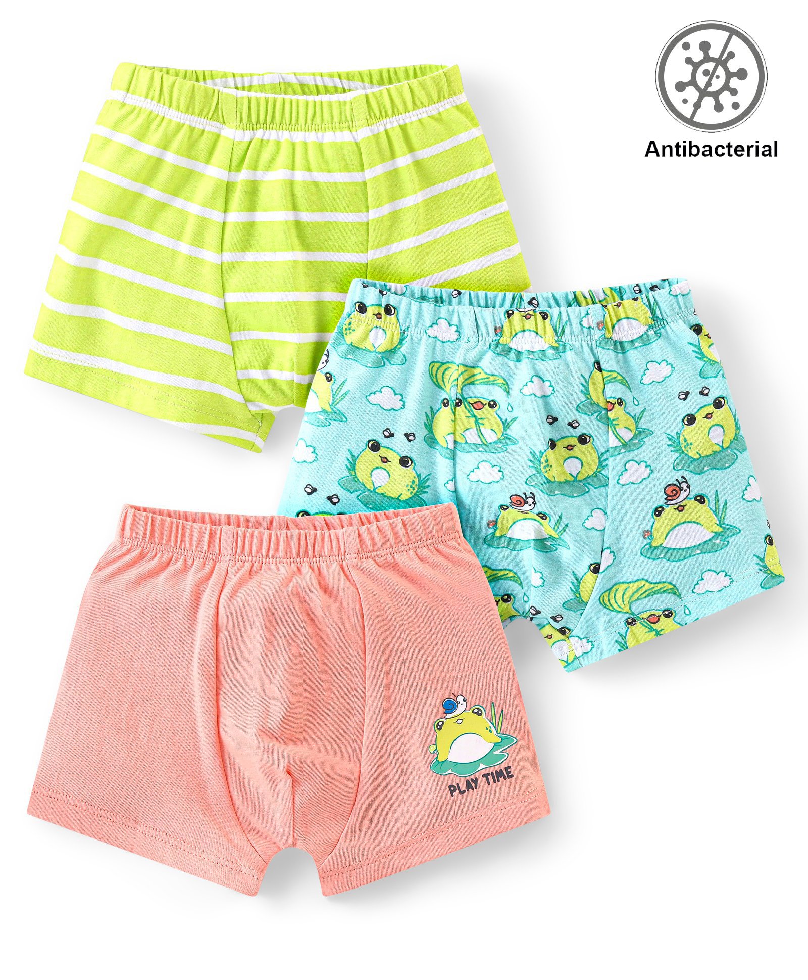Babyhug 100% Cotton Antibacterial Trunk Stripes & Frog Print Pack Of 3 - Pink Blue & Green-image-37