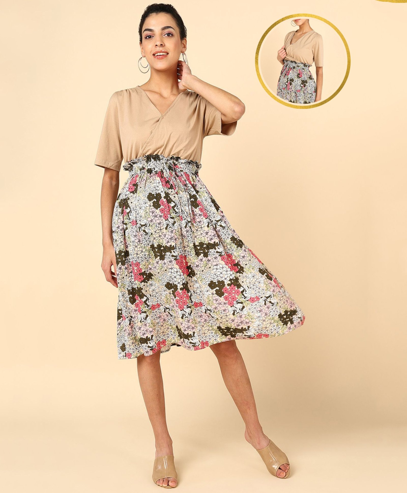 Zelena 100% Cotton Half Sleeves Floral Printed  Maternity  Dress With Concealed Nursing Access - Beige-image-32