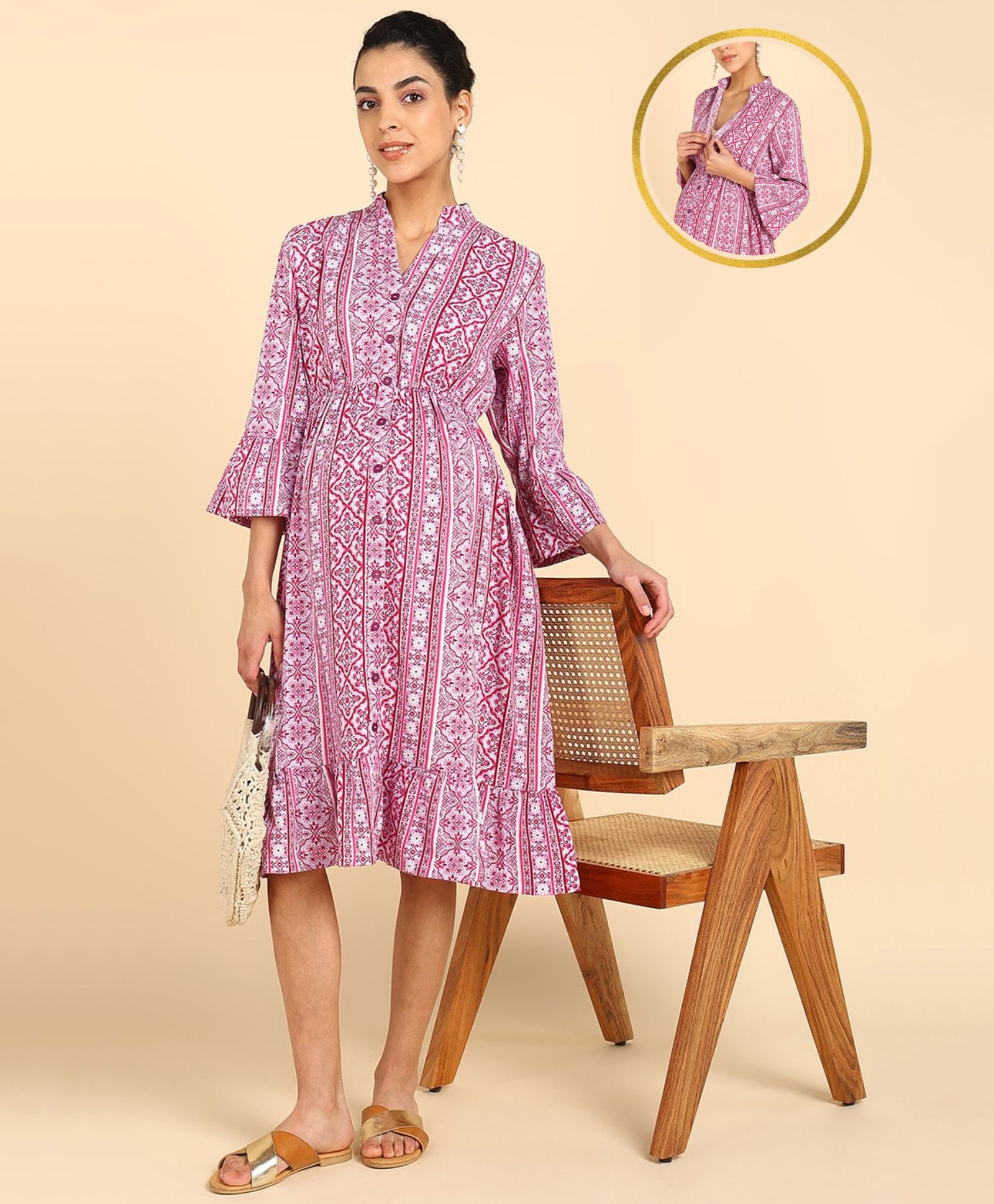 Zelena  Three Fourth Bell Sleeves Floral Printed Maternity Dress With Button Closure Nursing Access - Purple-image-31