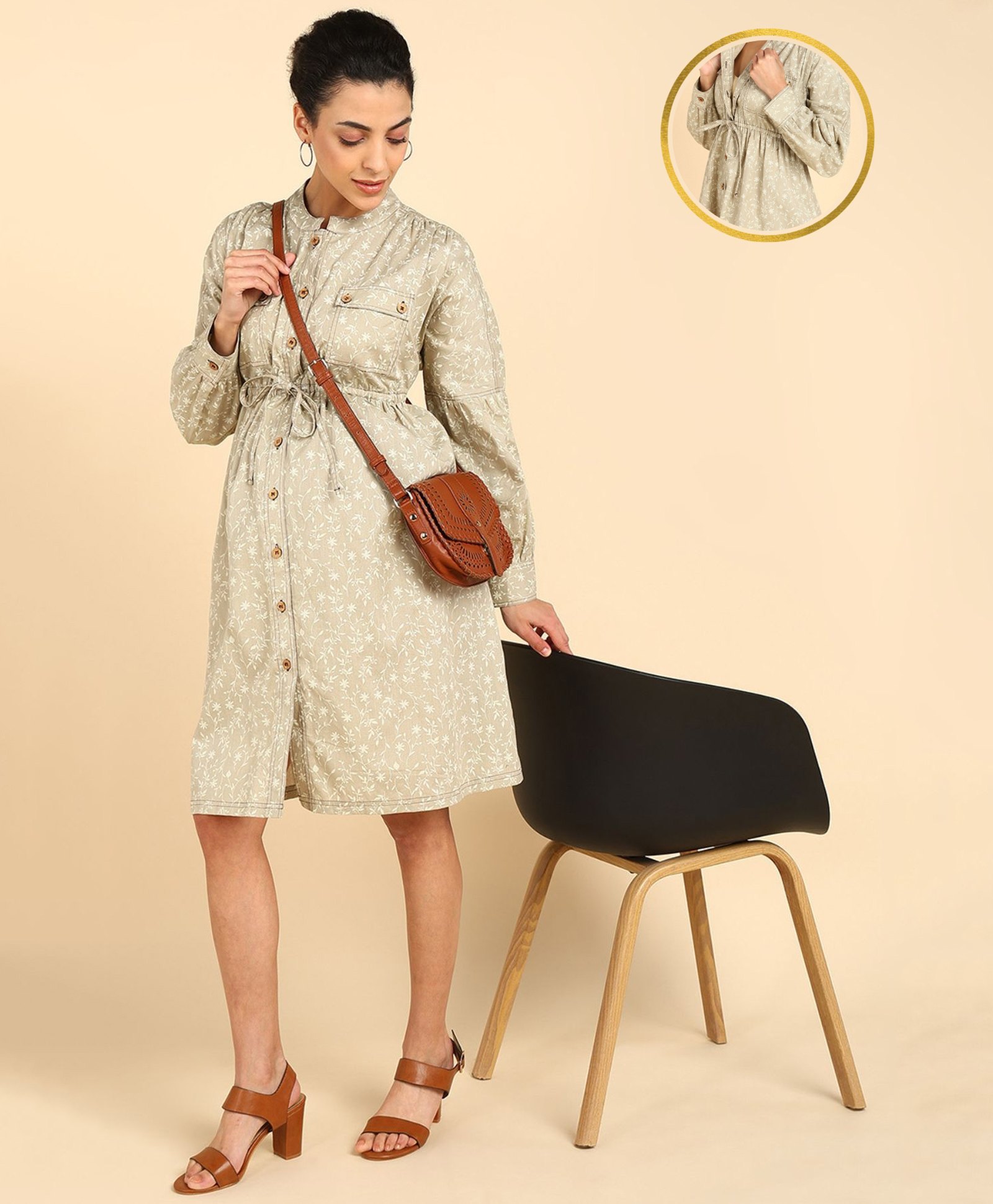 Zelena  100% Cotton Full Sleeves Floral Printed Maternity Dress With Button Closure Nursing Access - Beige-image-32