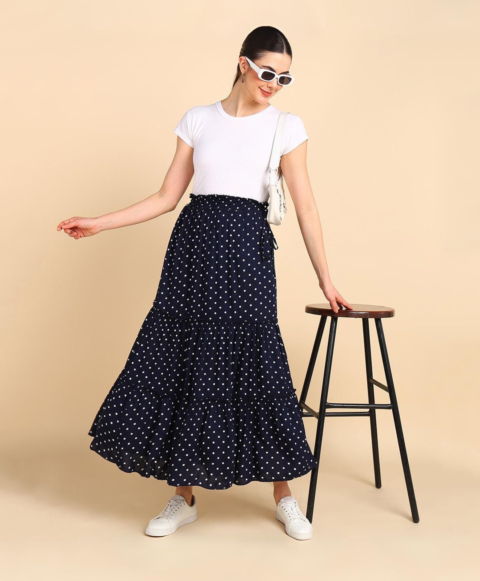 Zelena  100% Rayon Polka Dots Printed Tiered Ankle Length  Maternity Skirt With Pocket - Navy-image-31