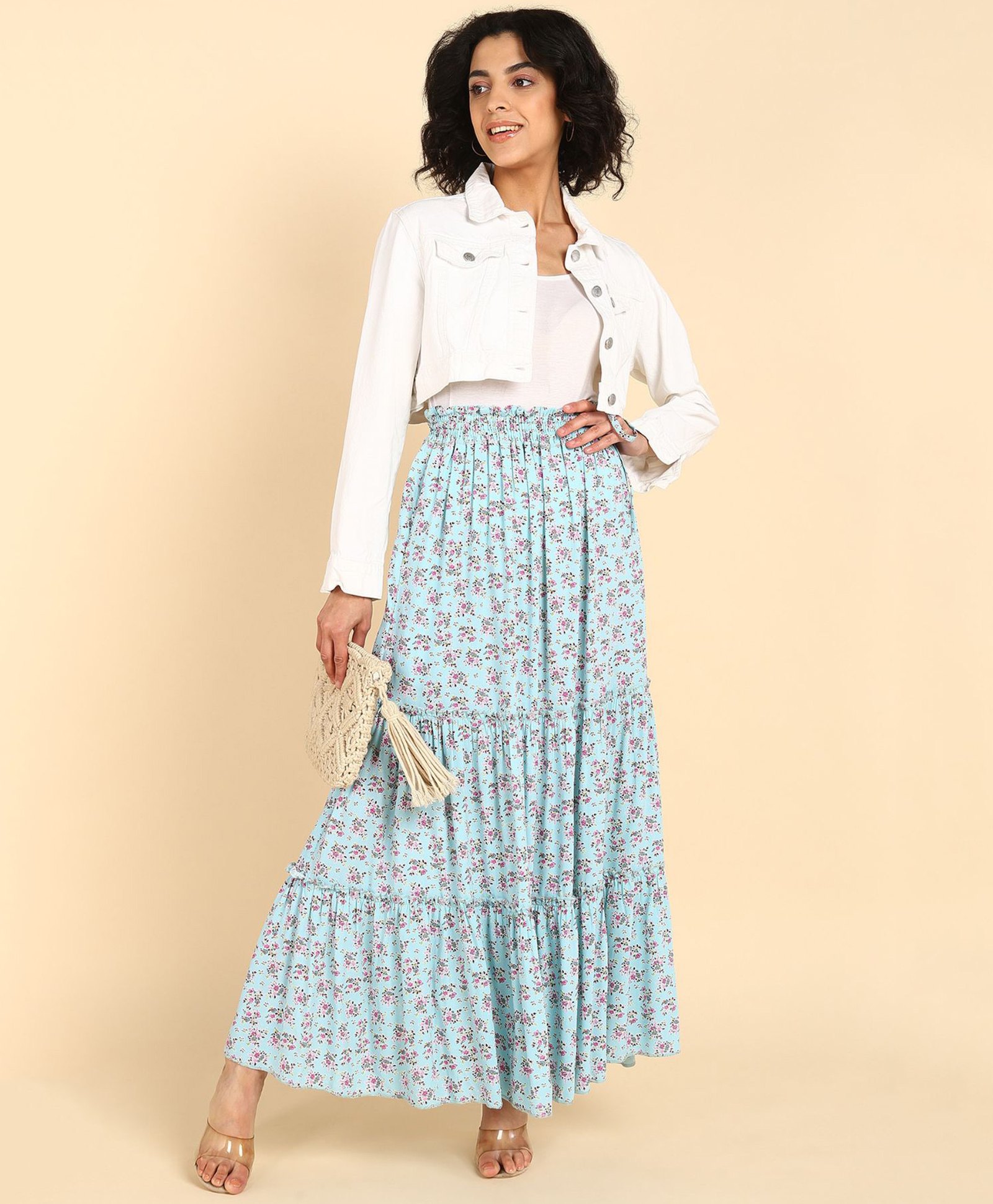 Zelena  100% Rayon Floral  Printed Tiered Ankle Length  Maternity Skirt With Pocket -  Light Blue-image-30