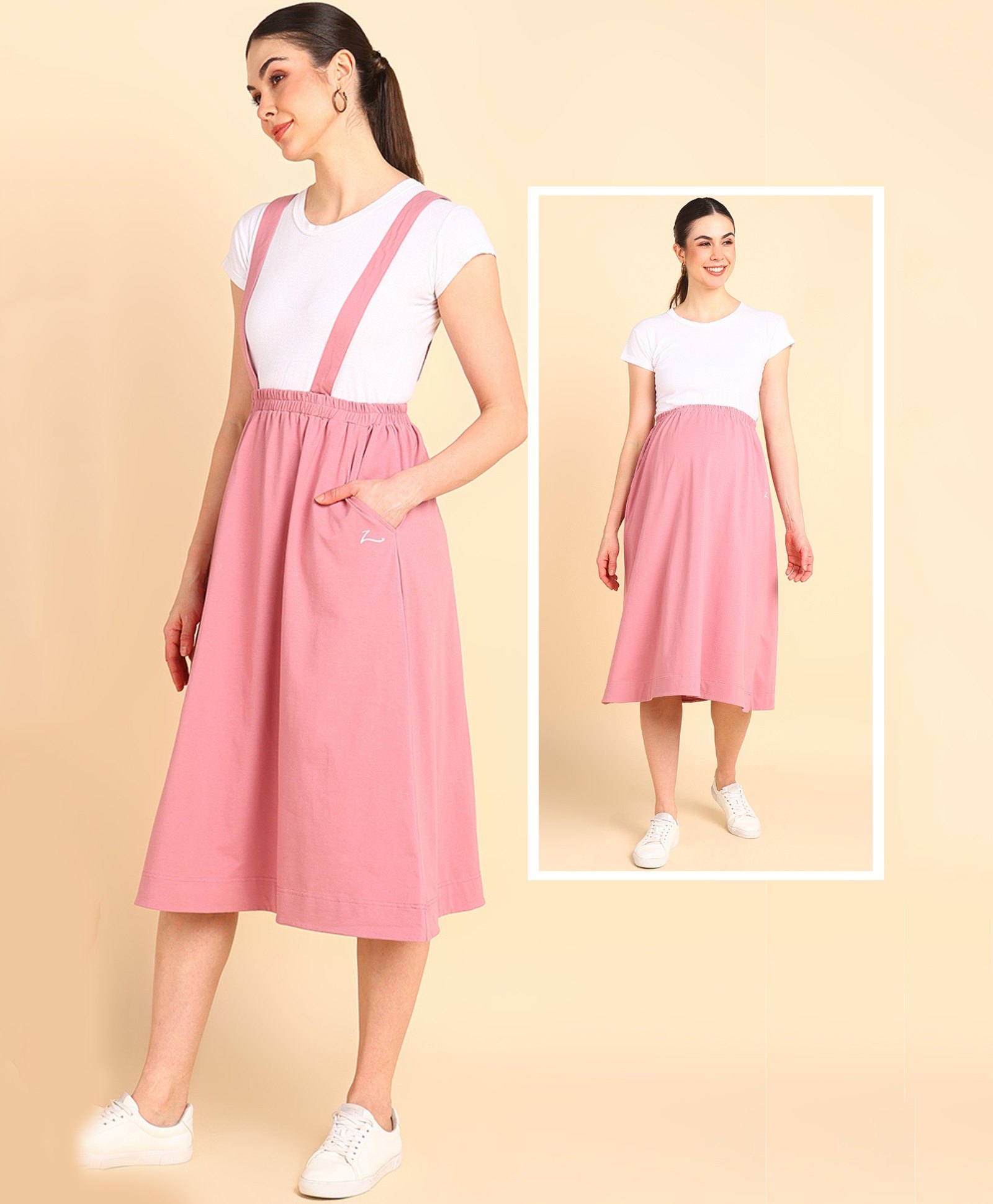 Zelena 100% Cotton Solid Midi Length  Maternity Skirt With Pocket  - Onion Pink-picture-14