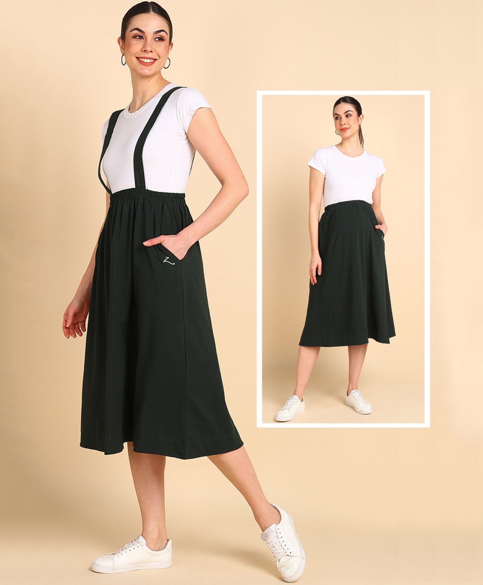 Zelena 100% Cotton Solid Midi Length  Maternity Skirt With Pocket  - Bottle Green-picture-11