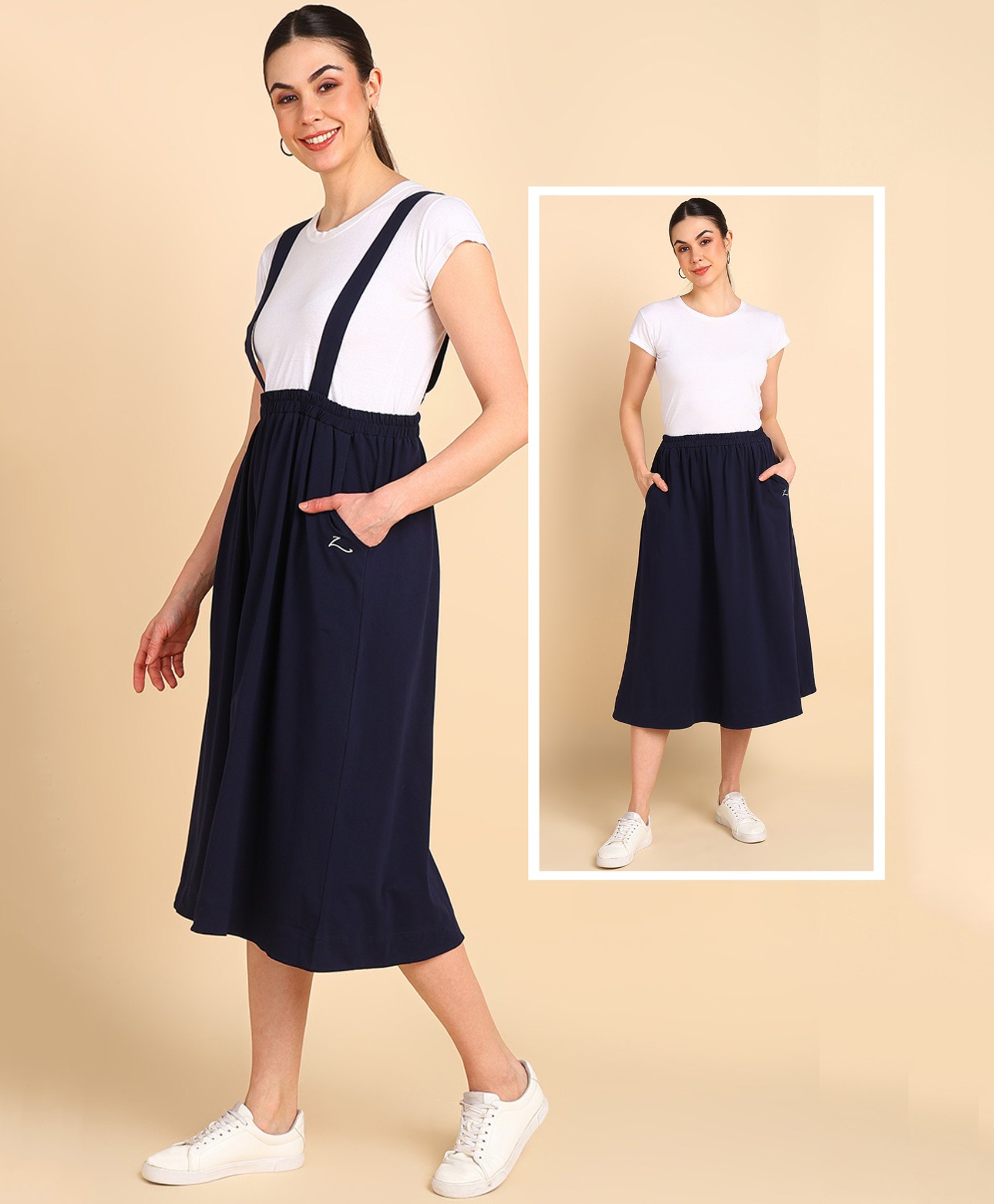 Zelena 100% Cotton Solid Midi Length  Maternity Skirt With Pocket  -  Navy-picture-24