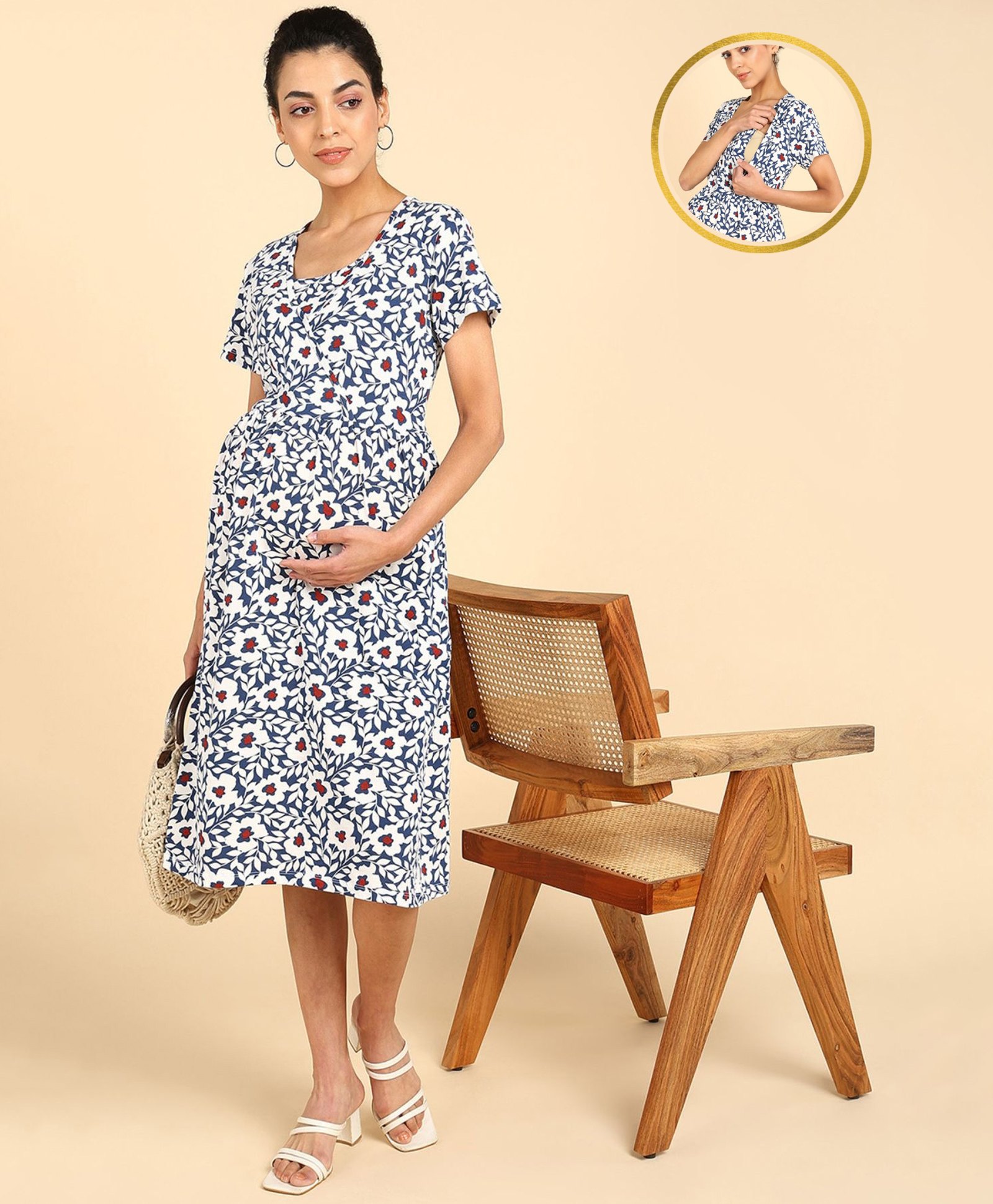 Zelena Half Sleeves Floral Printed Maternity Dress With Concealed Nursing Access - Off White-image-2