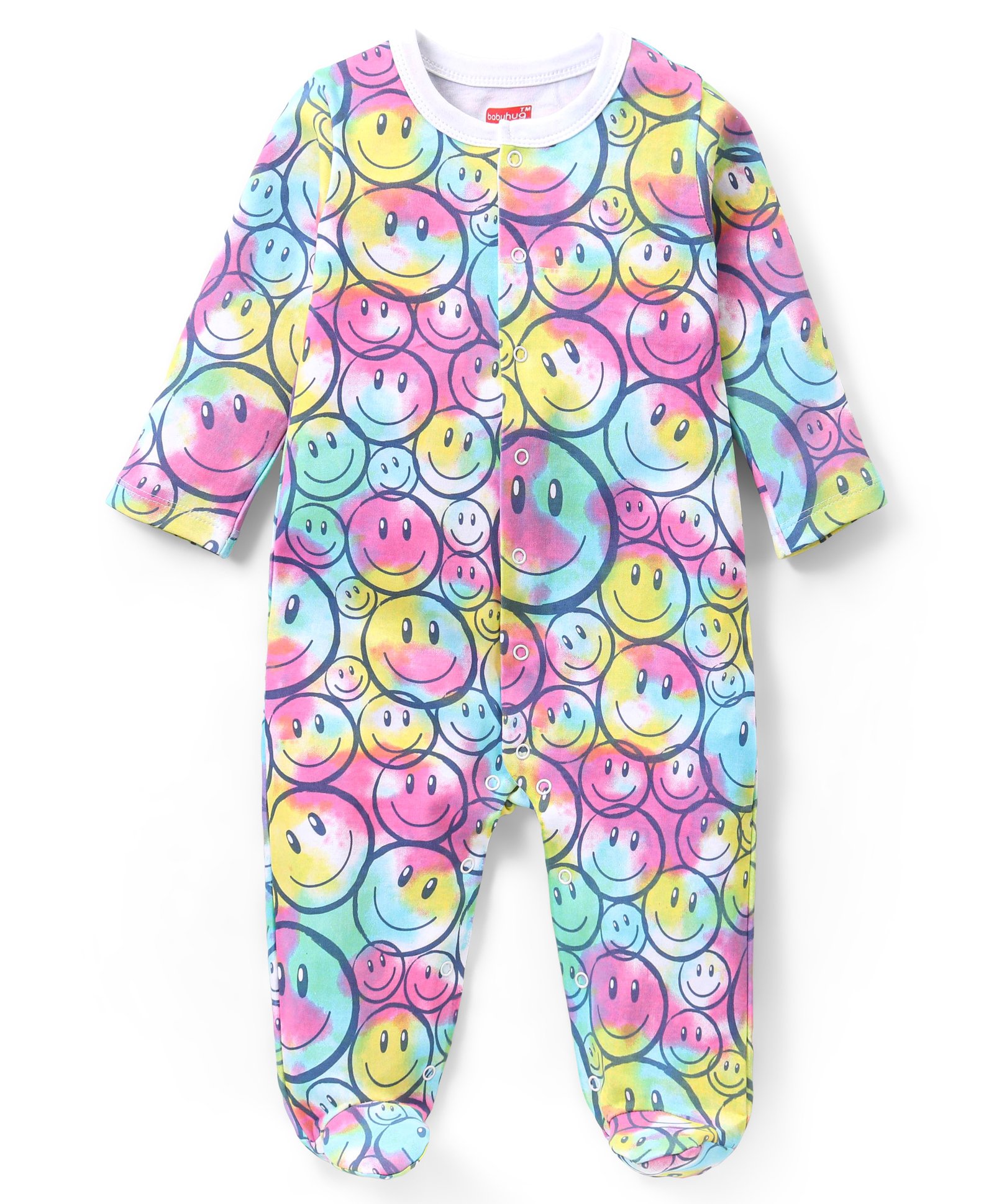 Babyhug Cotton Knit Full Sleeves Footed Sleepsuit Smiley Print - Multicolour-image-39