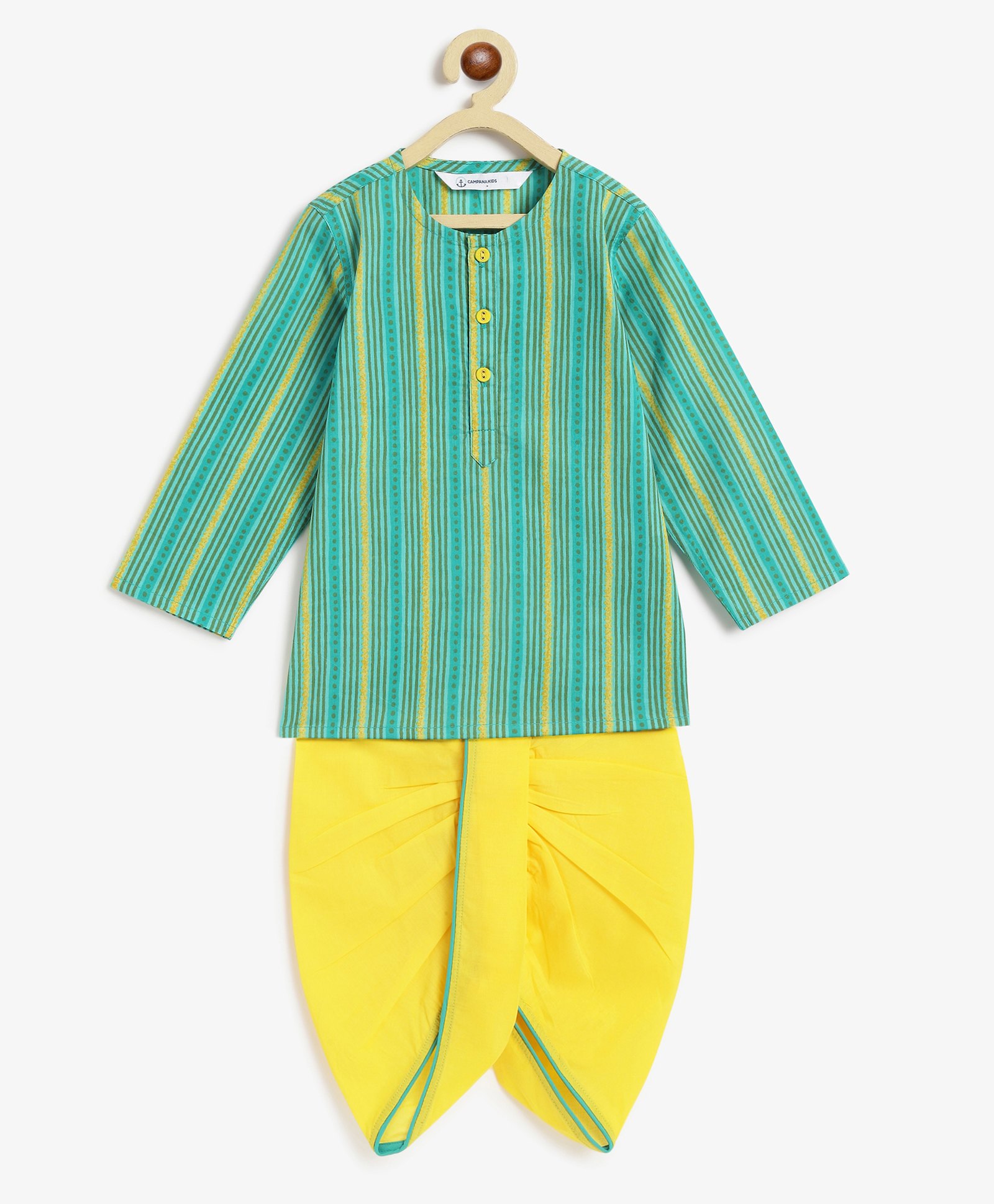 Campana 100% Cotton Striped Kurta & Dhoti Set - Sea Green & Yellow-image-8
