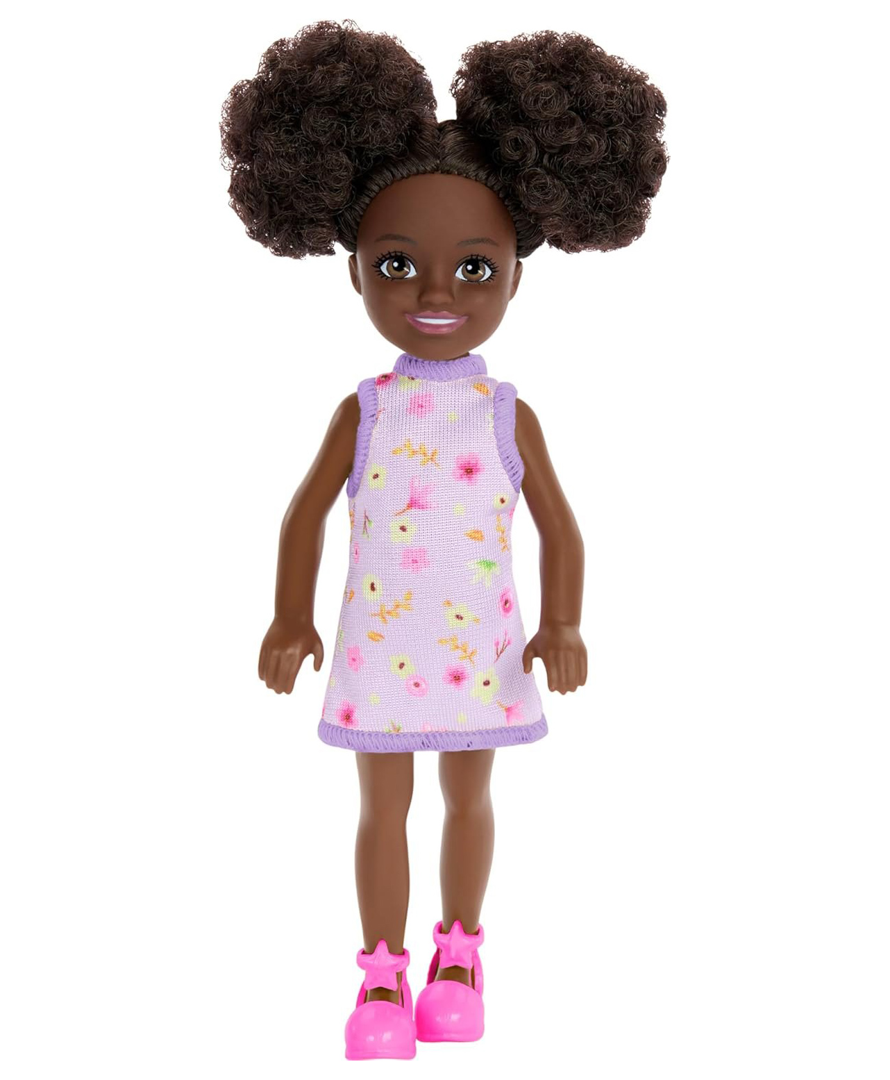 Barbie Chelsea with  Removable Purple Floral Dress & Pink Shoes with Space Buns & Brown Eyes Purple - Height 14 cm-image-1