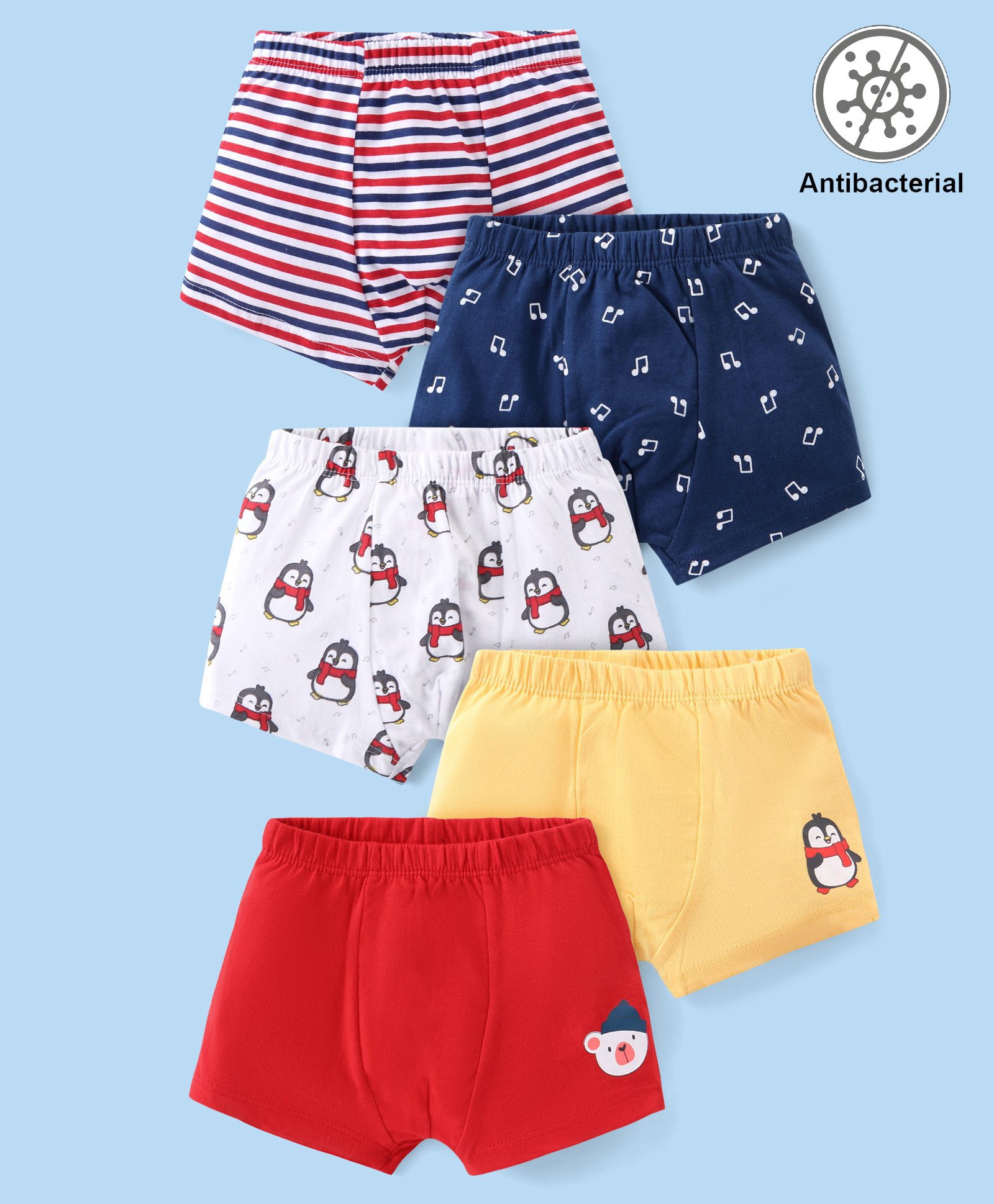 Babyhug 100% Cotton Knit Antibacterial Trunks  with Striped & Penguin Print  Pack of 5 - Red White &  Blue-image-18